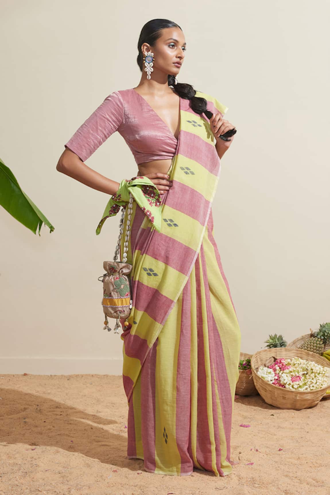 Dressfolk Purple & Lime Green Striped Saree 
