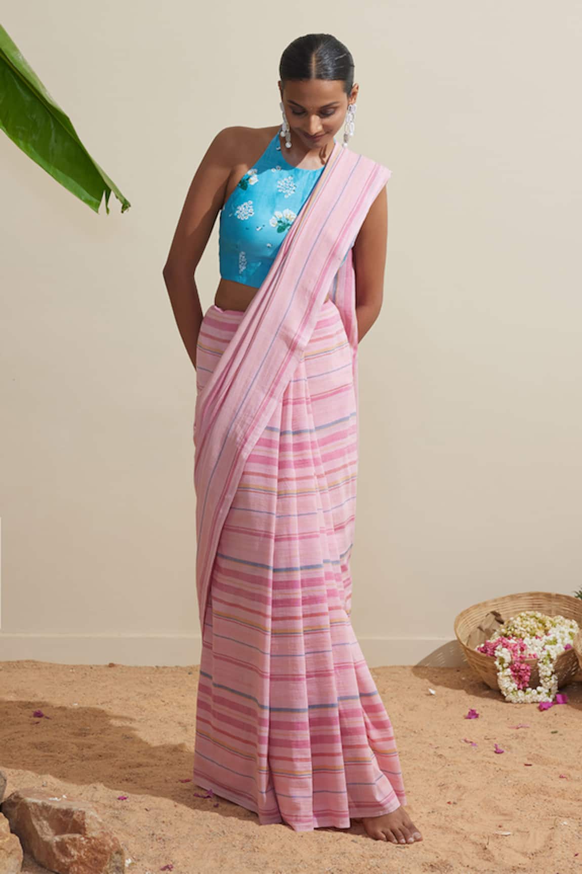 Dressfolk Pink Striped Cotton Saree 