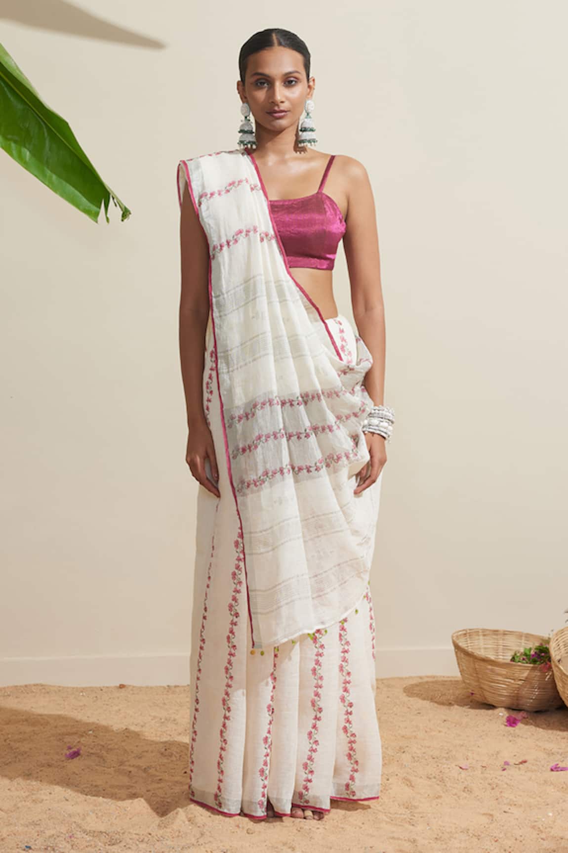 Dressfolk Floral Embroidered Linen Saree Set 