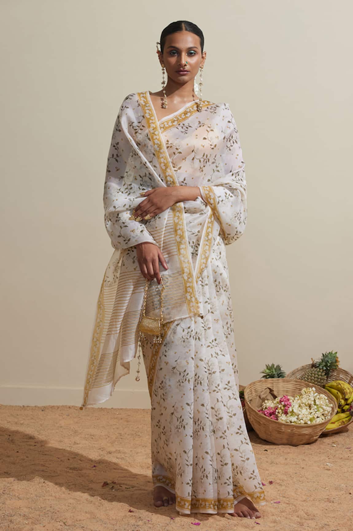 Dressfolk Ivory Floral Organza Saree with Blouse 