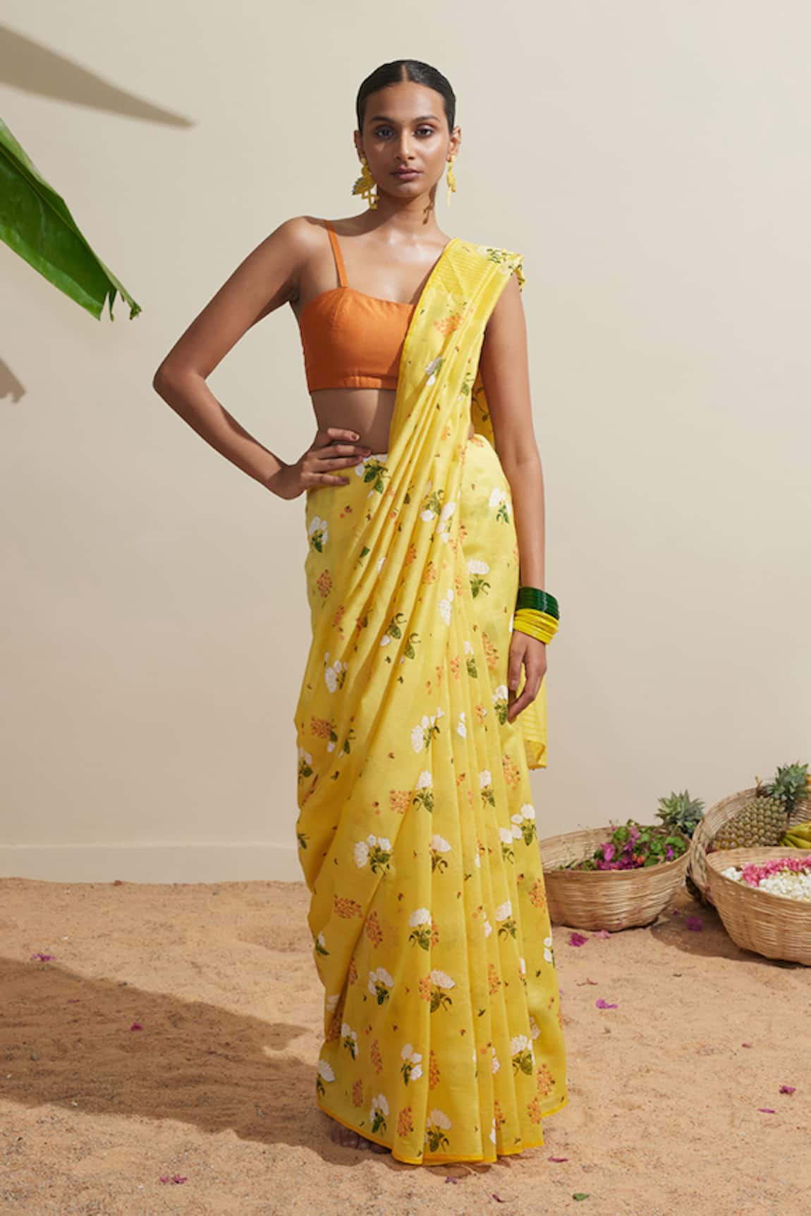 Dressfolk Floral Chanderi Yellow Saree 
