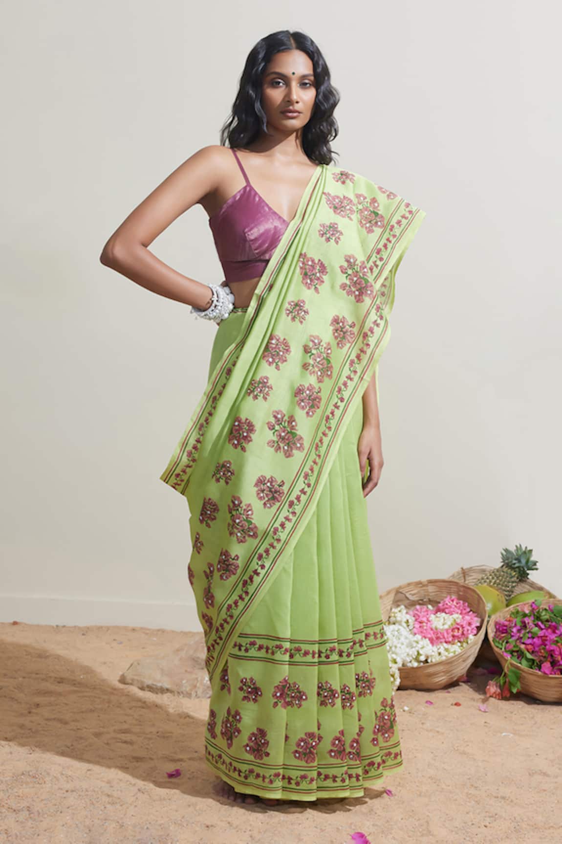 Dressfolk Chanderi Floral Embroidered Green Saree 