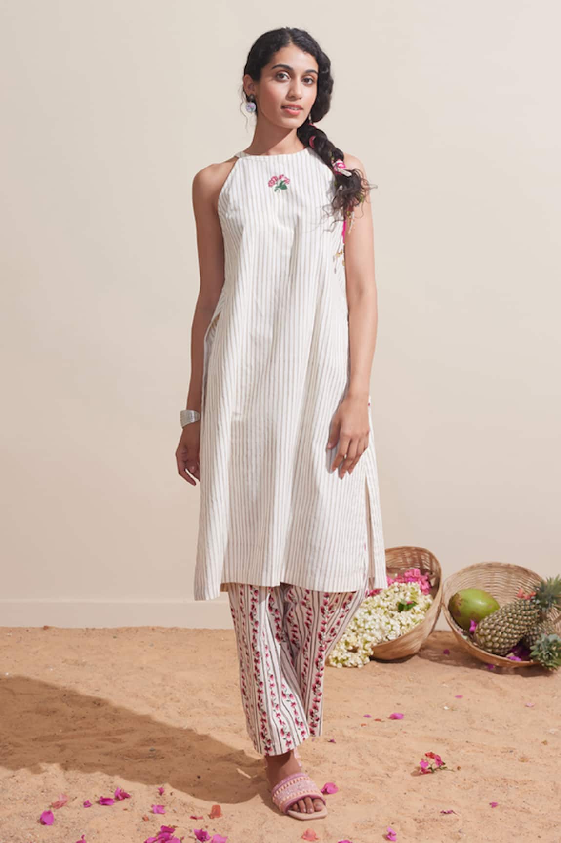 Dressfolk Ivory Striped Kurta & Printed Pant Set 