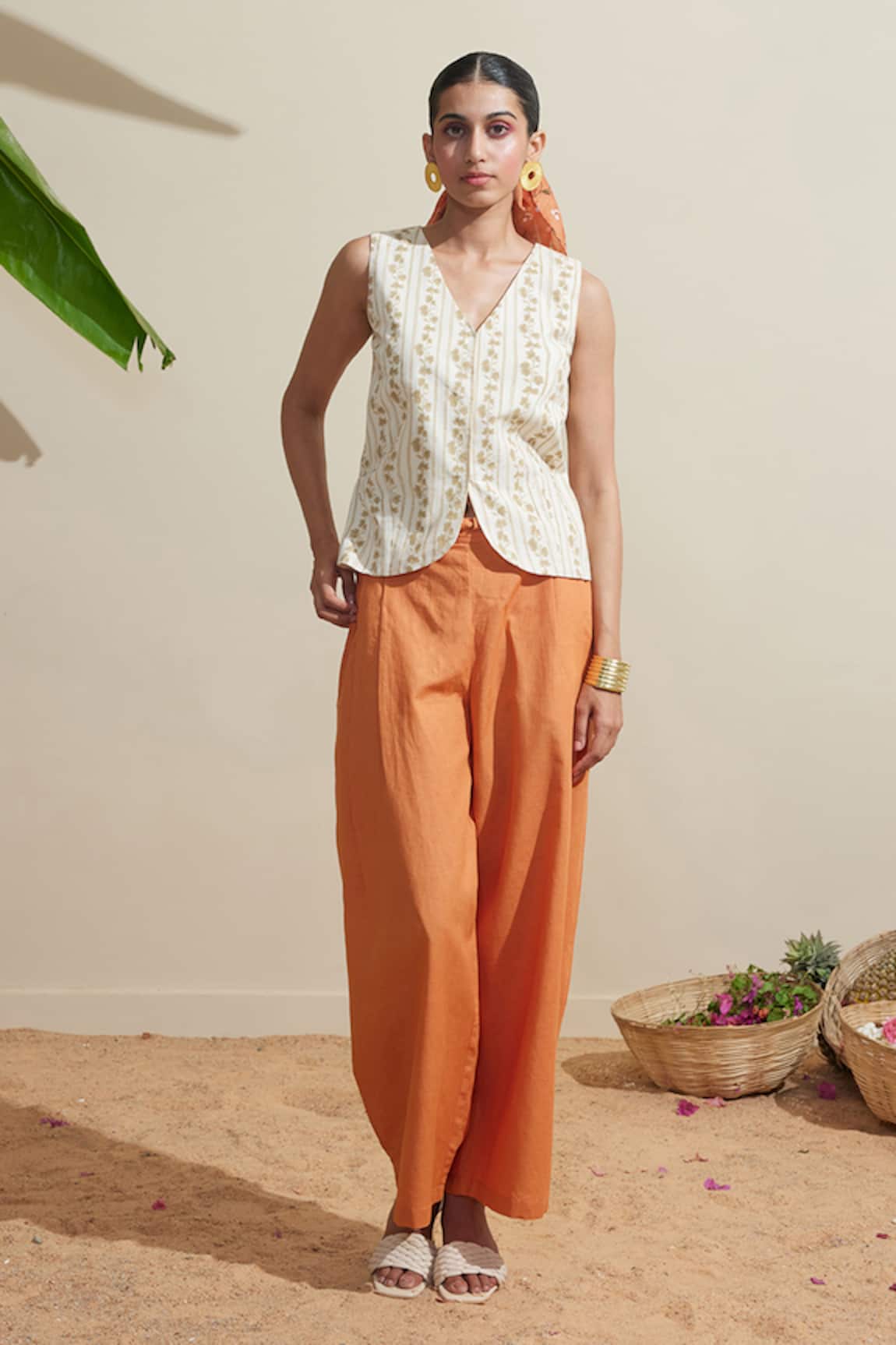 Dressfolk Ivory & Rust Cotton-Linen Waistcoat Pant Set 