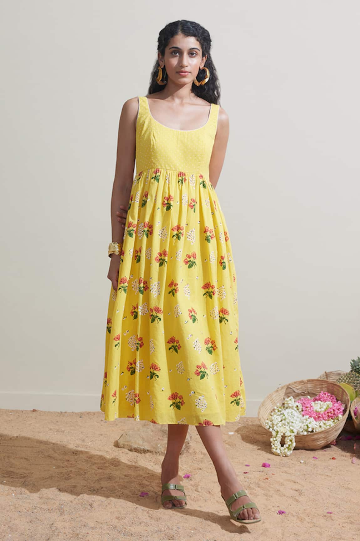 Dressfolk Floral Print Yellow Cotton Dress 