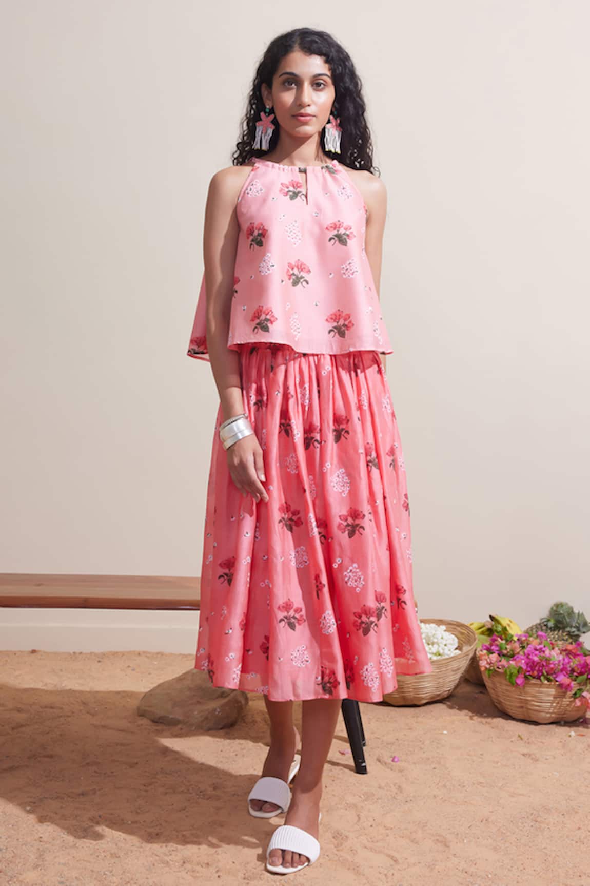 Dressfolk Floral Chanderi Top & Skirt Set 