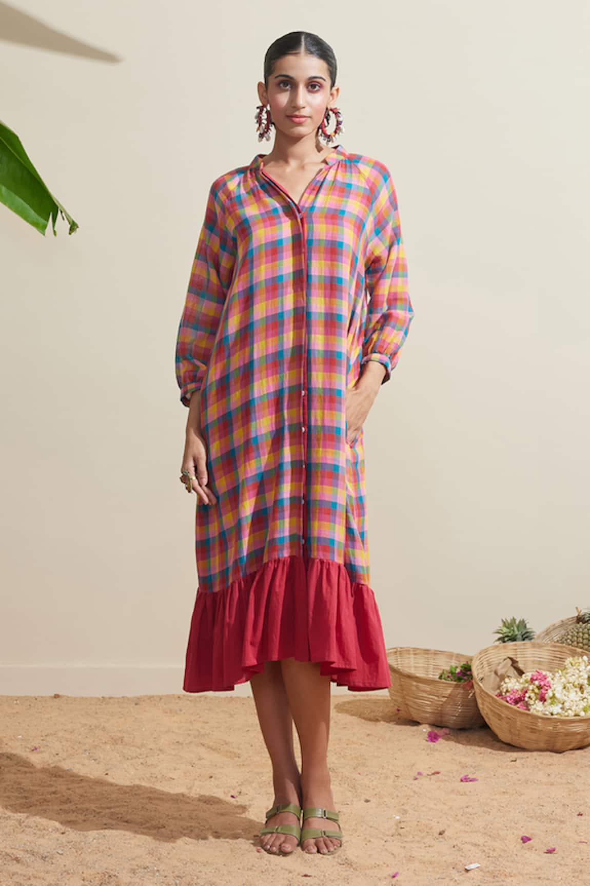 Dressfolk Multi Color Checked Dress With Inner Slip 