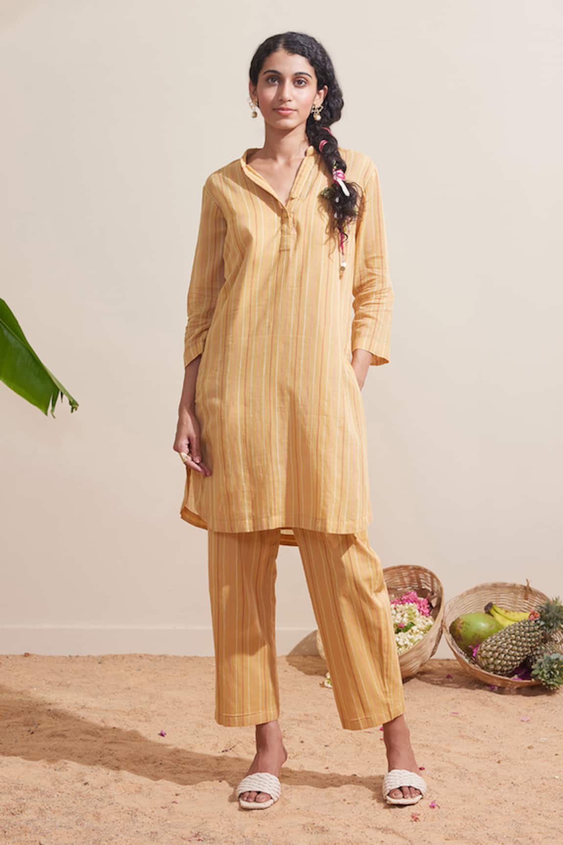 Dressfolk Ochre Yellow Striped Kurta & Pant Set 