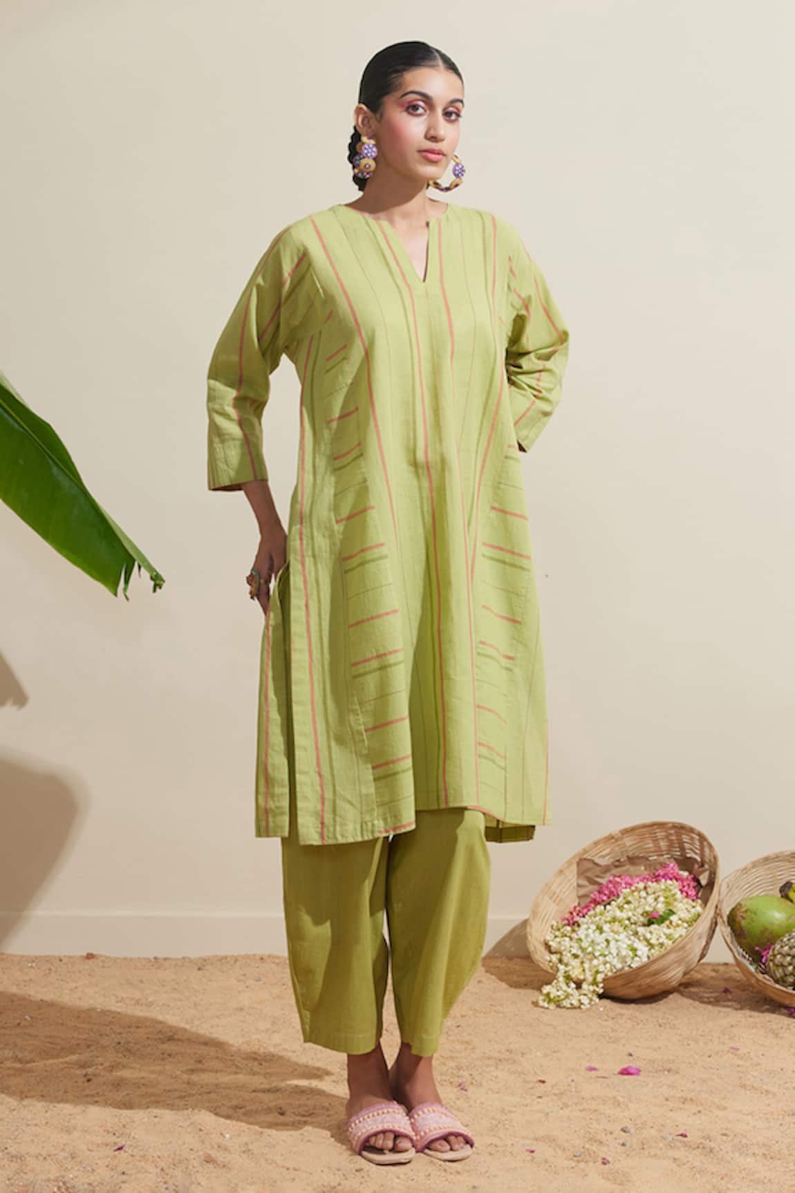 Dressfolk Lime Green Striped Kurta & Pant Set 