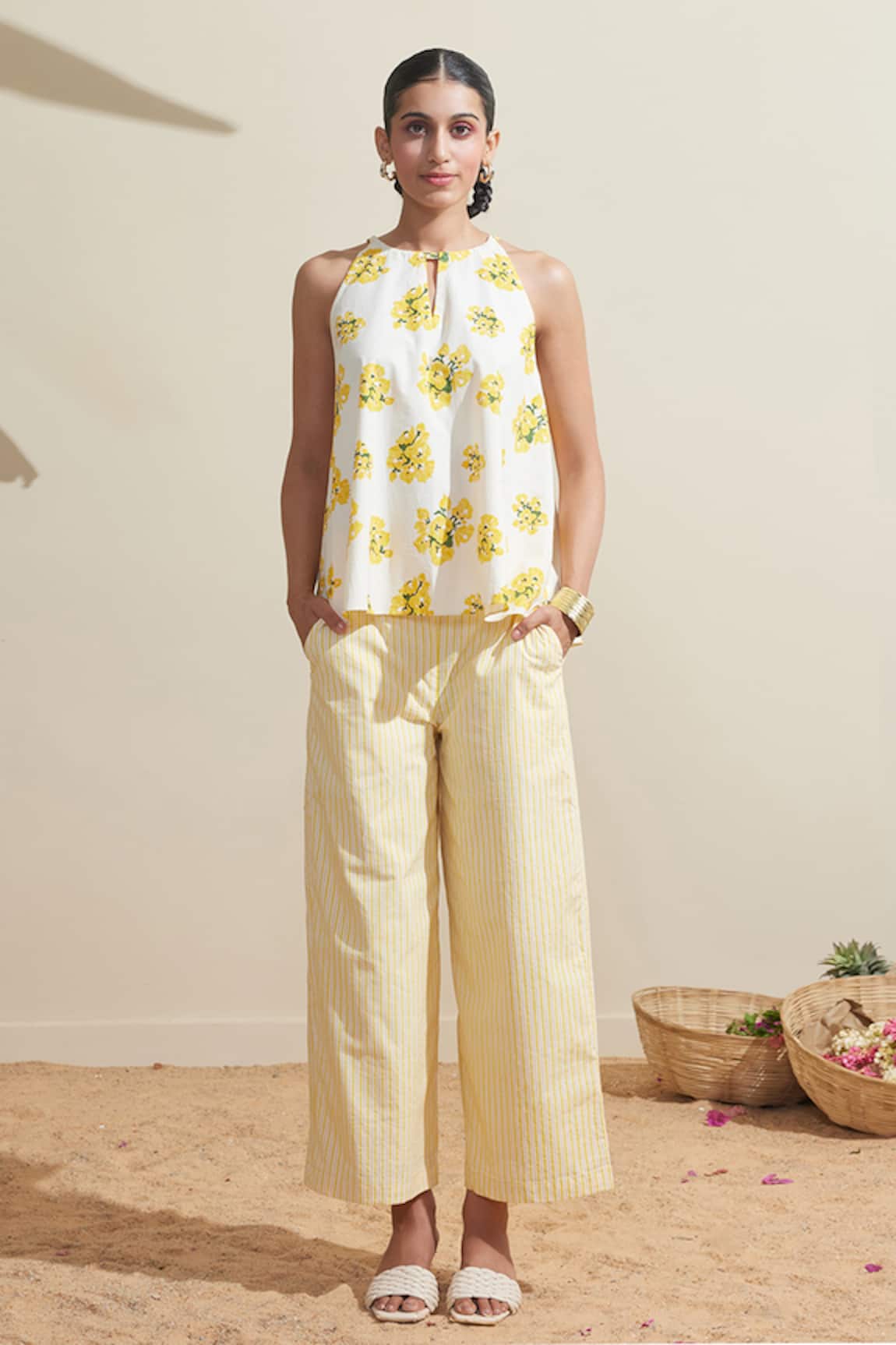 Dressfolk Floral Print Cotton Top & Striped Pant Set 