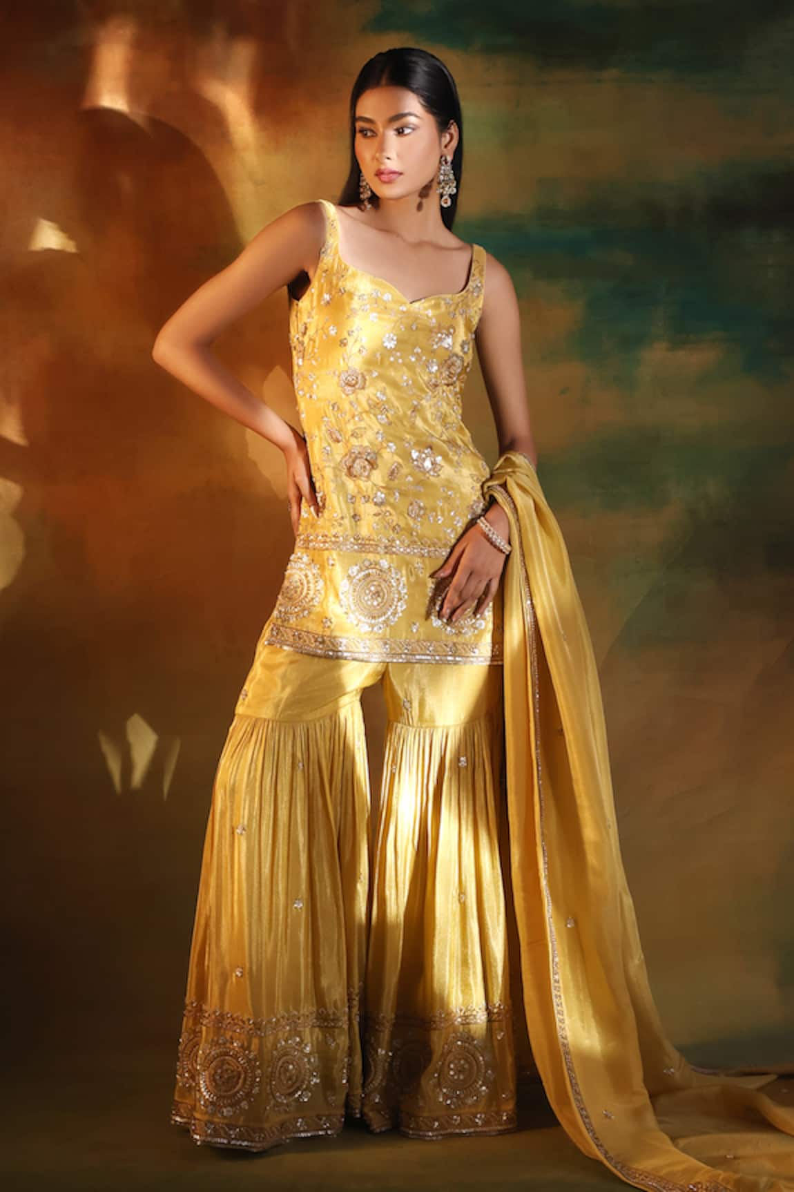 Meenagurnam Gold Embroidered Kurta Sharara Set 