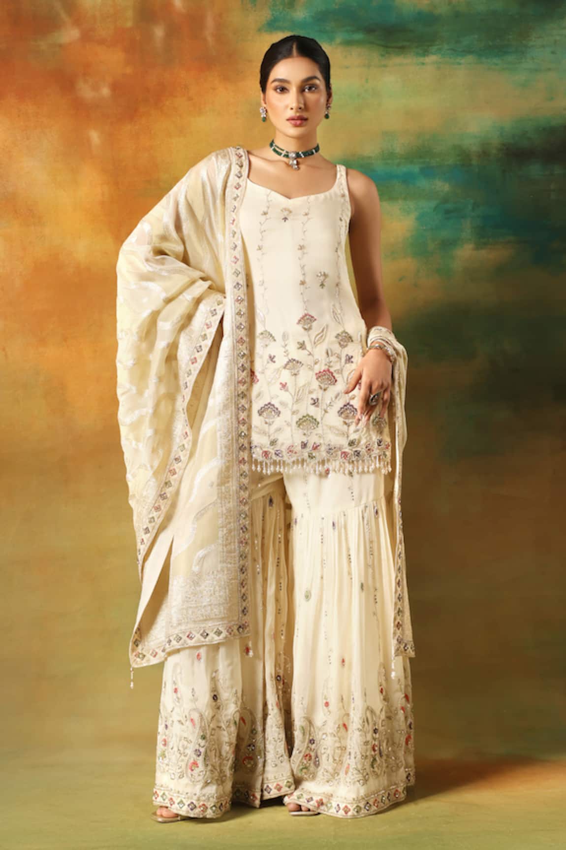 Meenagurnam Ivory Embroidered Kurta Sharara Set 