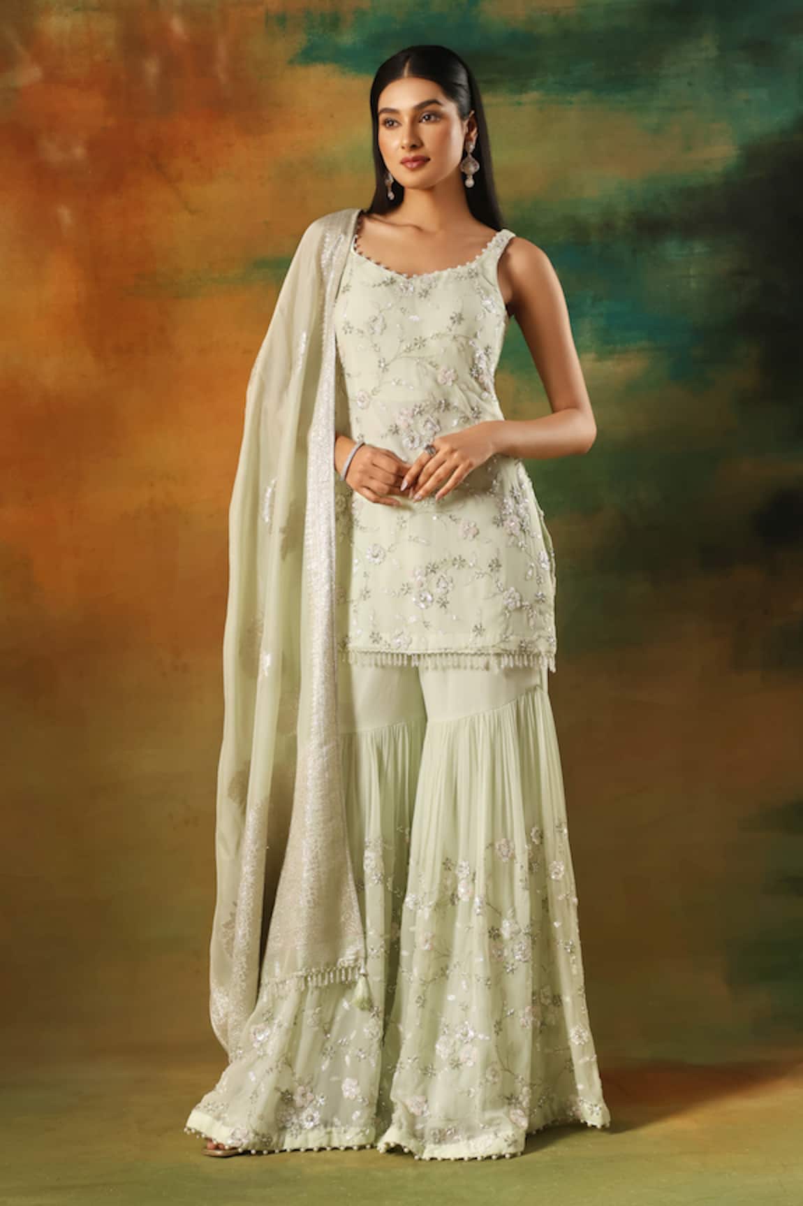 Meenagurnam Pista Green Embroidered Kurta Sharara Set 