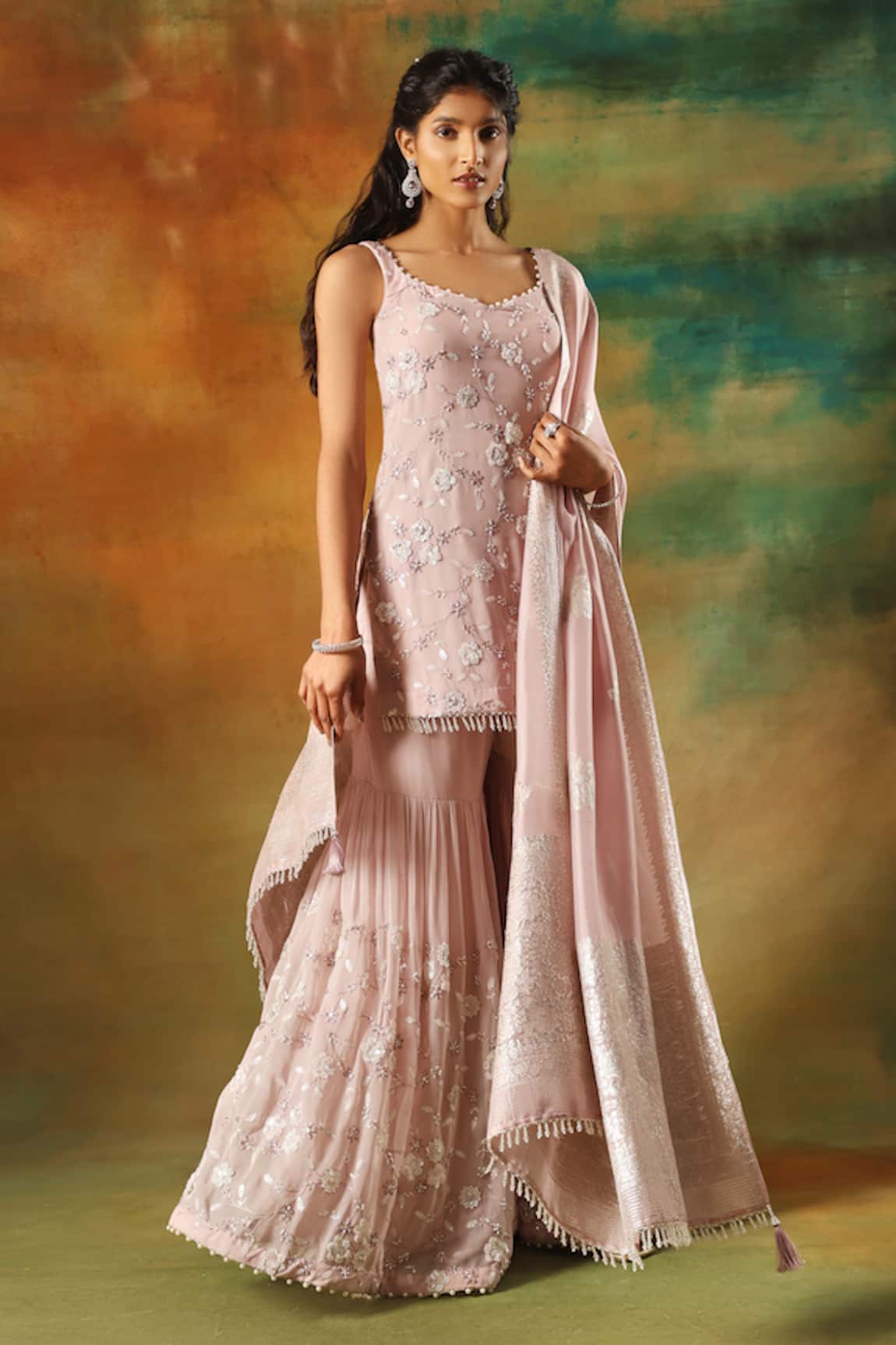 Meenagurnam Lilac Embroidered Sharara Set 