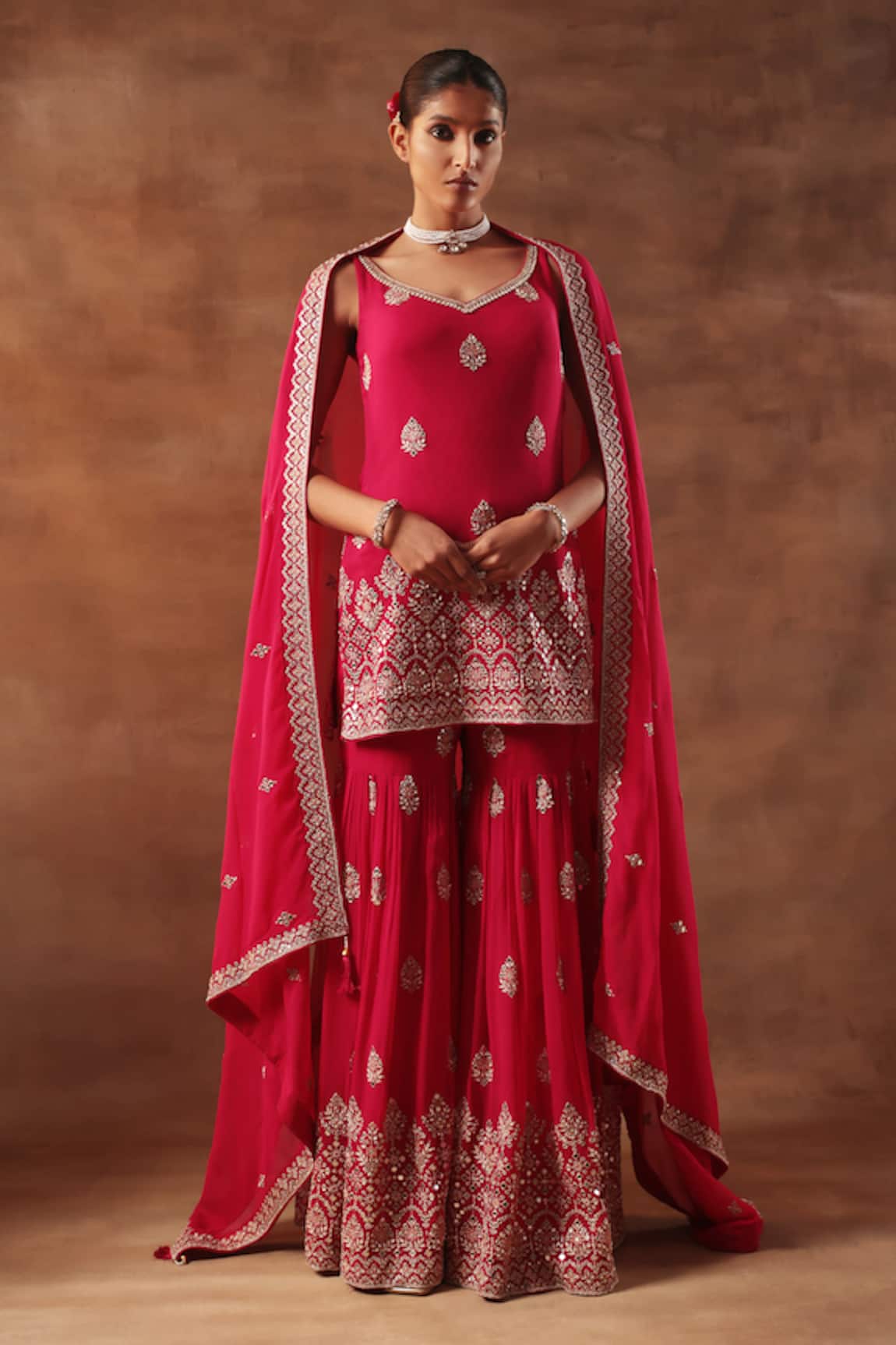 Meenagurnam Magenta Embroidered Kurta Sharara Set 
