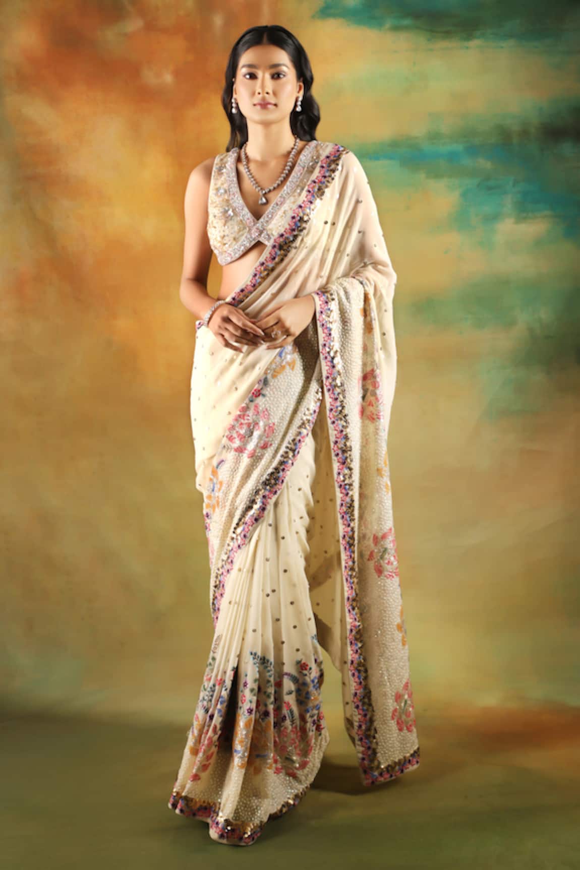 Meenagurnam Ivory Multicolor Embroidered Saree Set 