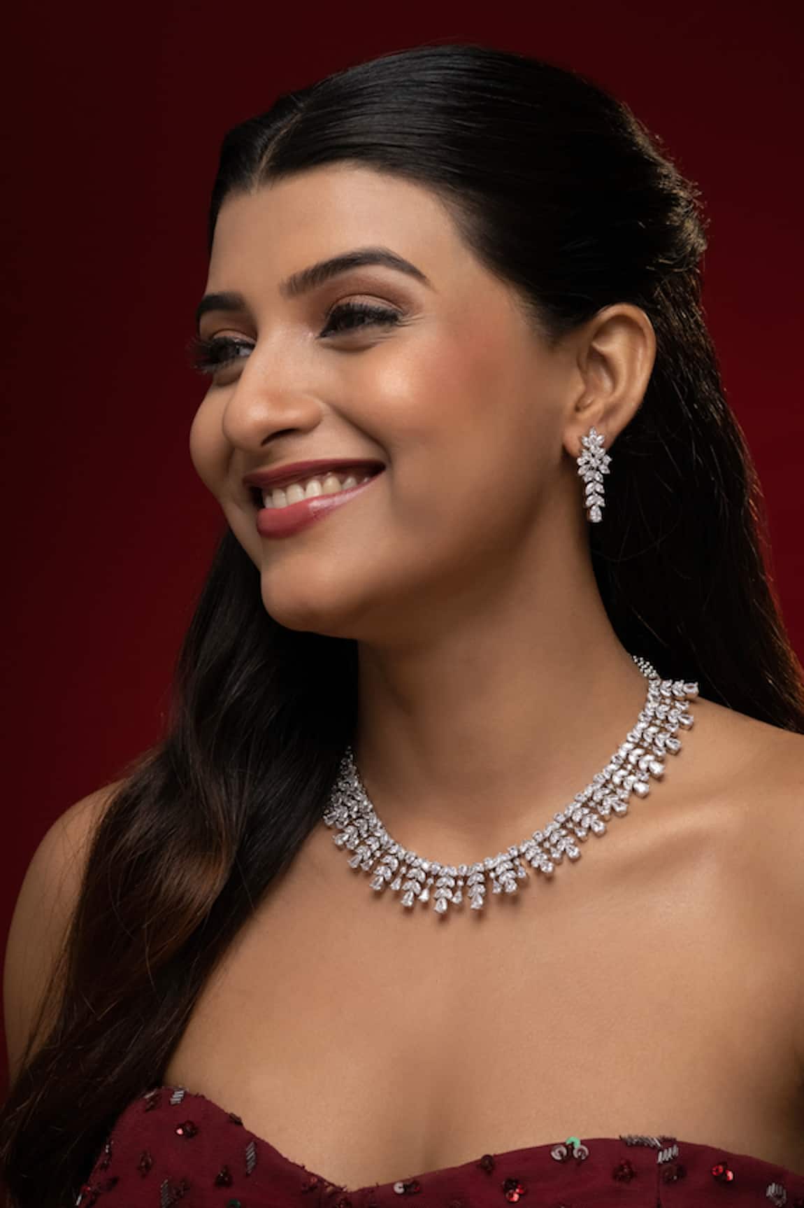 Prihan Luxury Jewelry Rhodium Plated White Necklace & Earring Set 