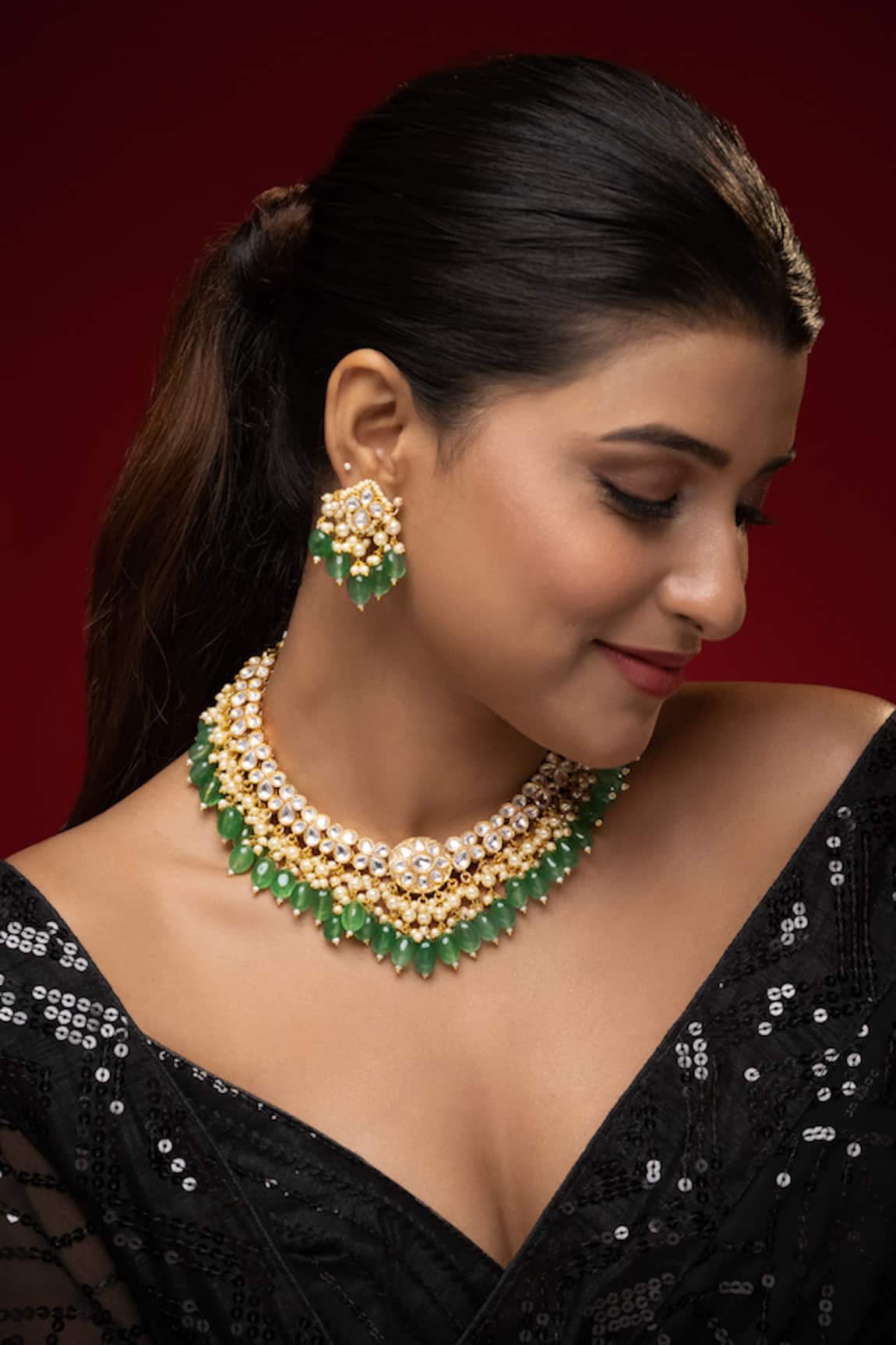 Prihan Luxury Jewelry Green Rhodium Plated Necklace & Earring Set 