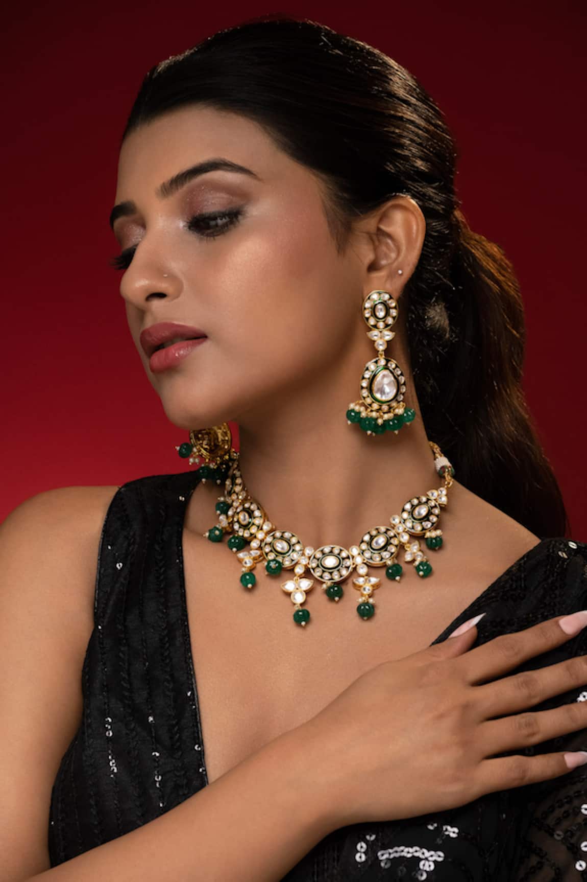Prihan Luxury Jewelry Green Designer Necklace & Earring Set 