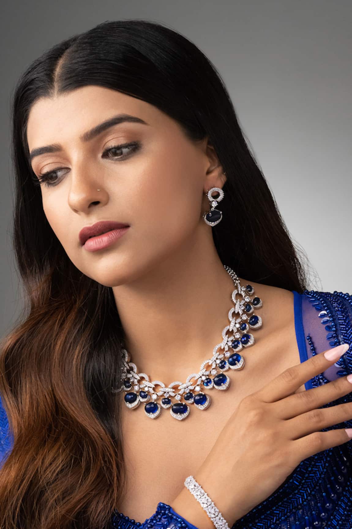 Prihan Luxury Jewelry Blue Rhodium Plated Necklace & Earring Set 