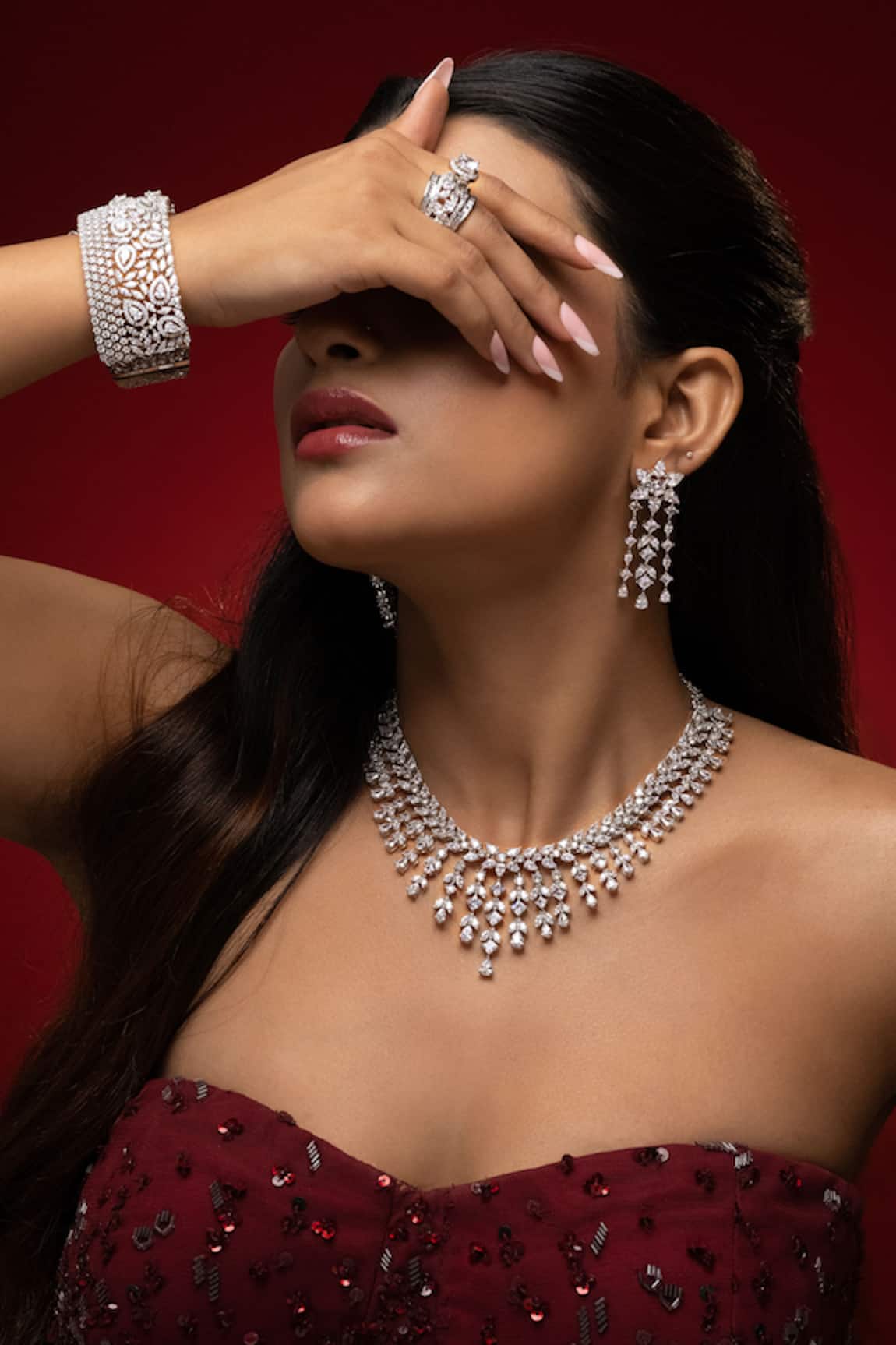Prihan Luxury Jewelry Rhodium Plated White Necklace & Earrings Set 
