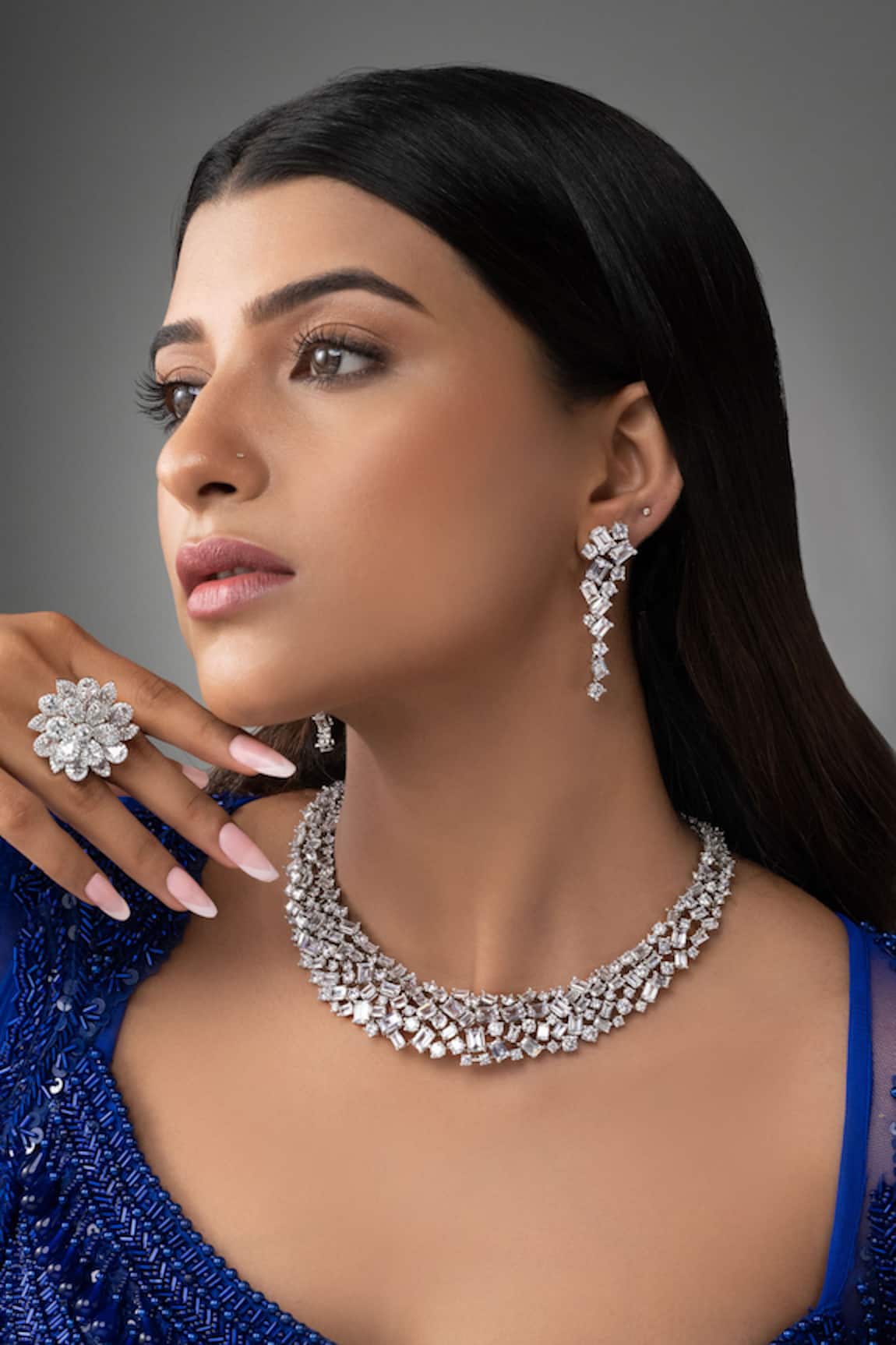Prihan Luxury Jewelry Rhodium Plated White Necklace & Earrings Set 