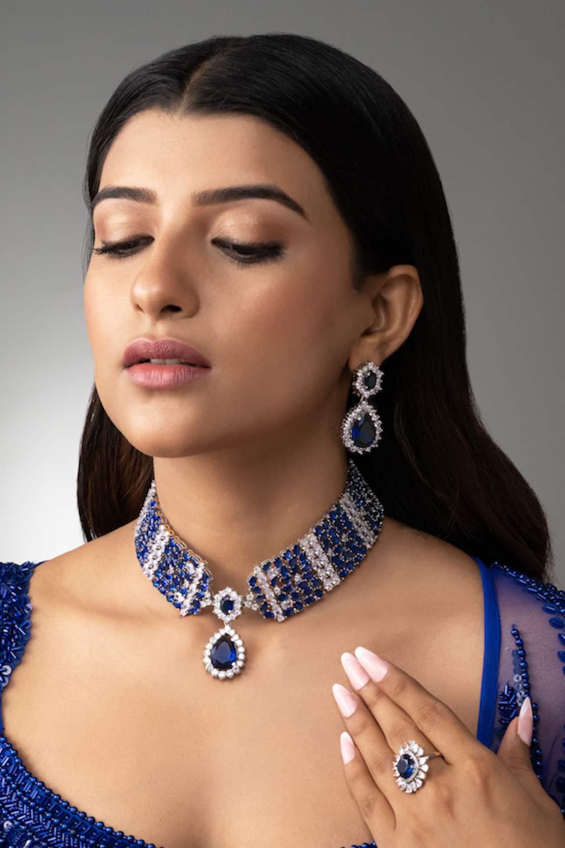 Prihan Luxury Jewelry Blue Rhodium Plated Necklace & Earring Set 