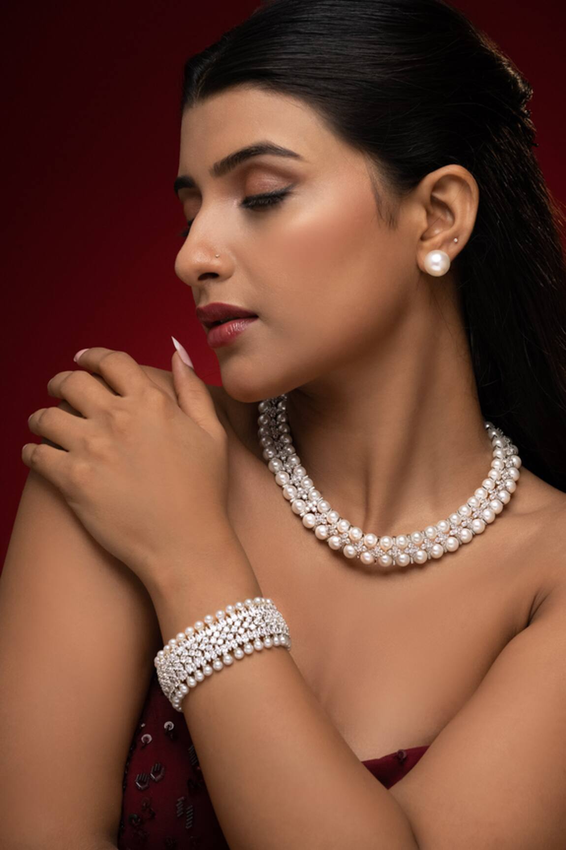 Prihan Luxury Jewelry Rhodium Plated White Pearl Bracelet 