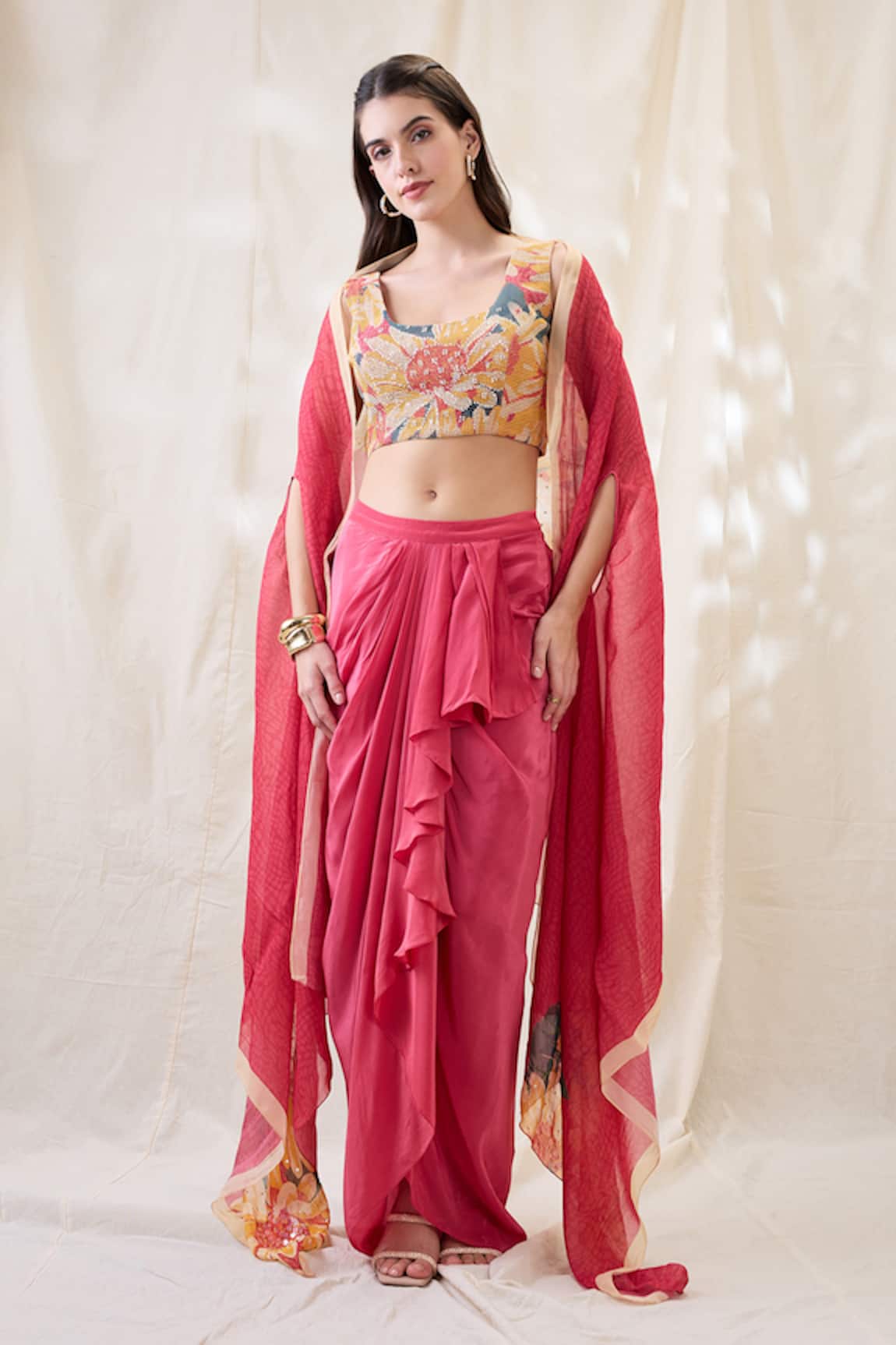 Soup By Sougat Paul Ravya Drape Skirt Set With Embellished Cape 