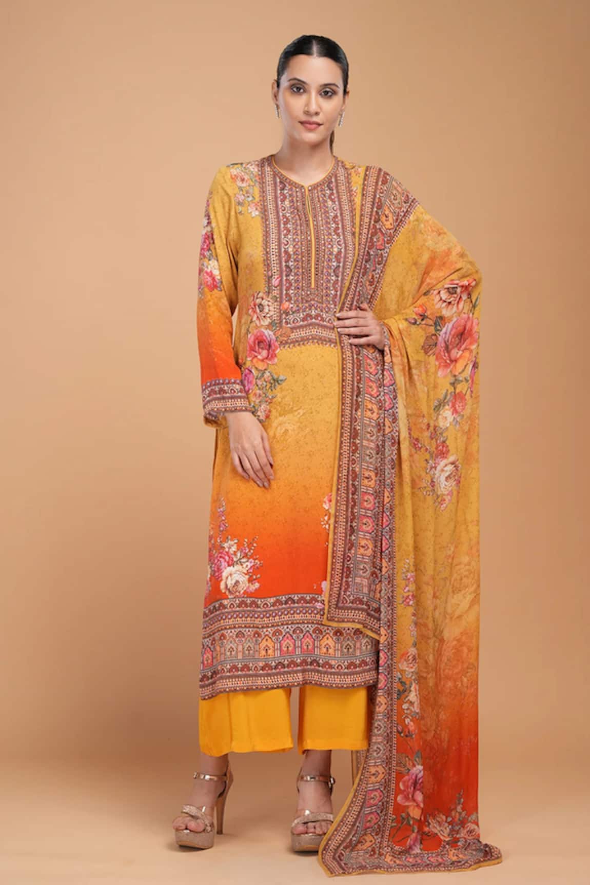 Nirraamyaa Mustard Floral Print Kurta Pant Set 
