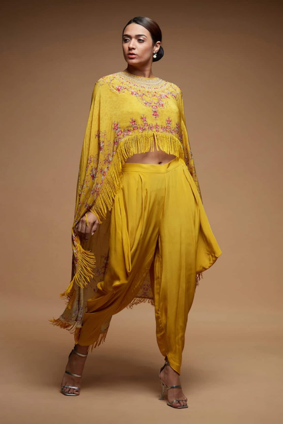Nirraamyaa Yellow Designer Cape & Dhoti Pant Set 