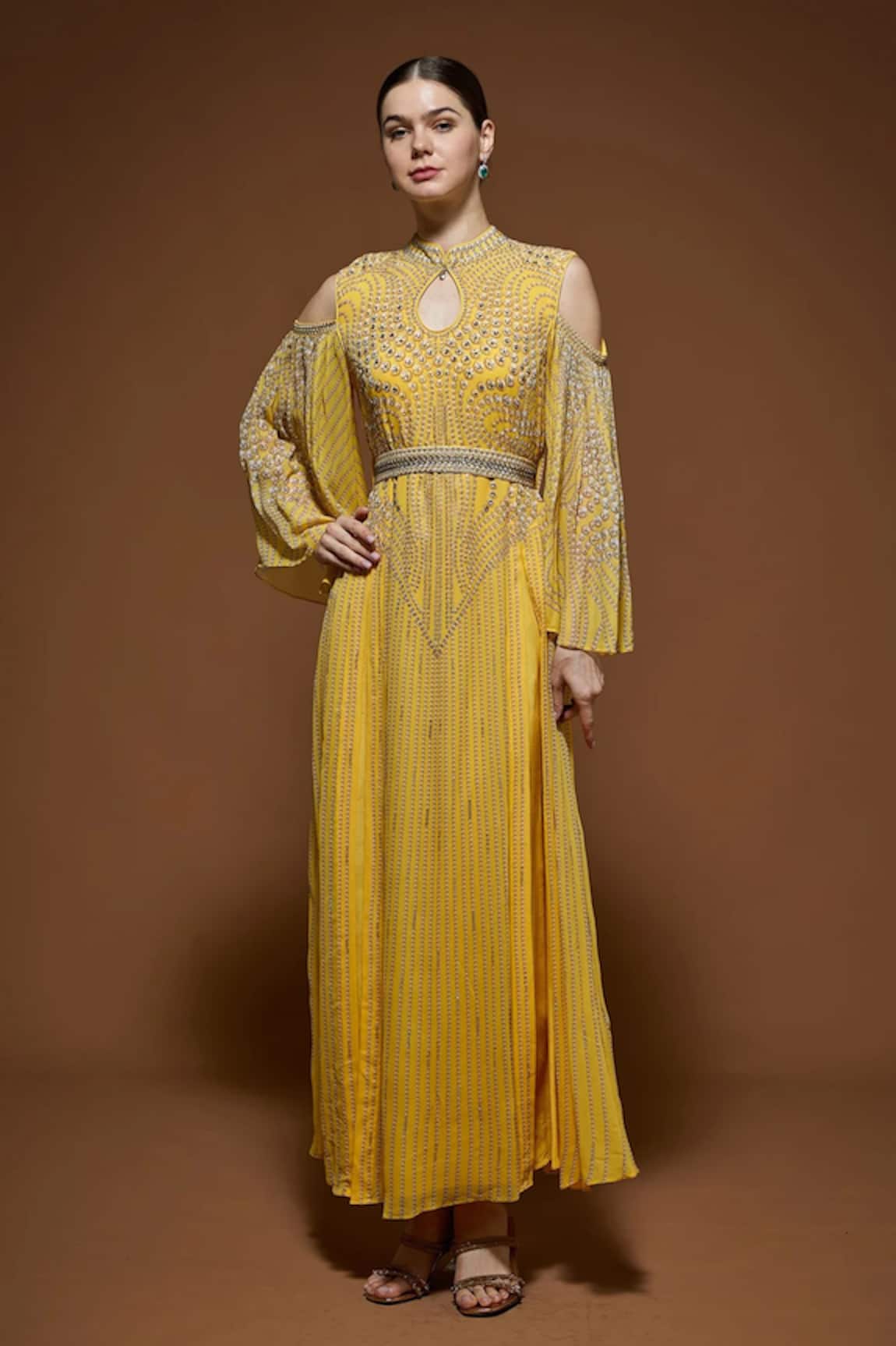 Nirraamyaa Yellow Rhinestone Embellished Kaftan 
