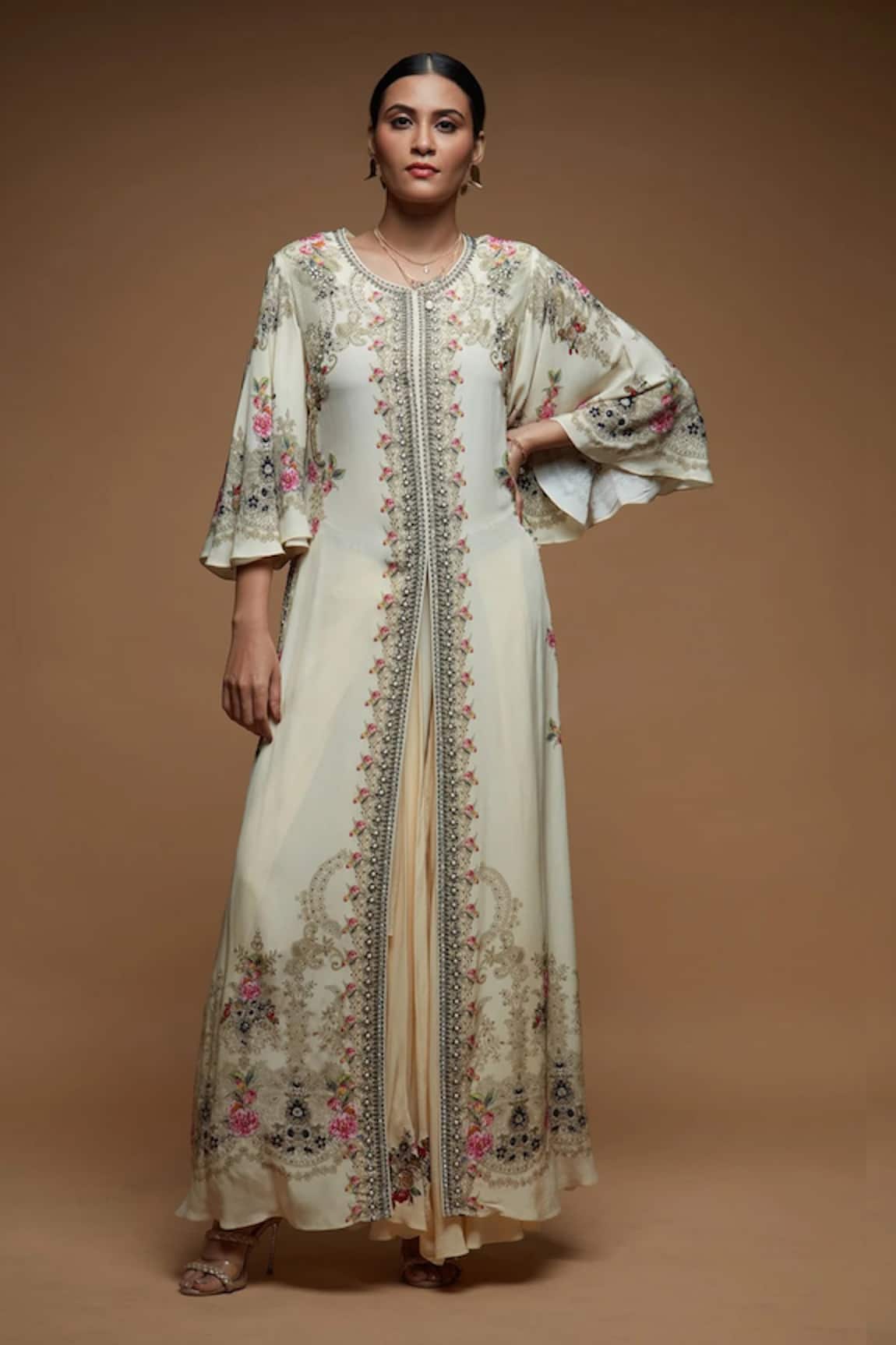 Nirraamyaa Beige Rhinestone Embellished Jacket Set 