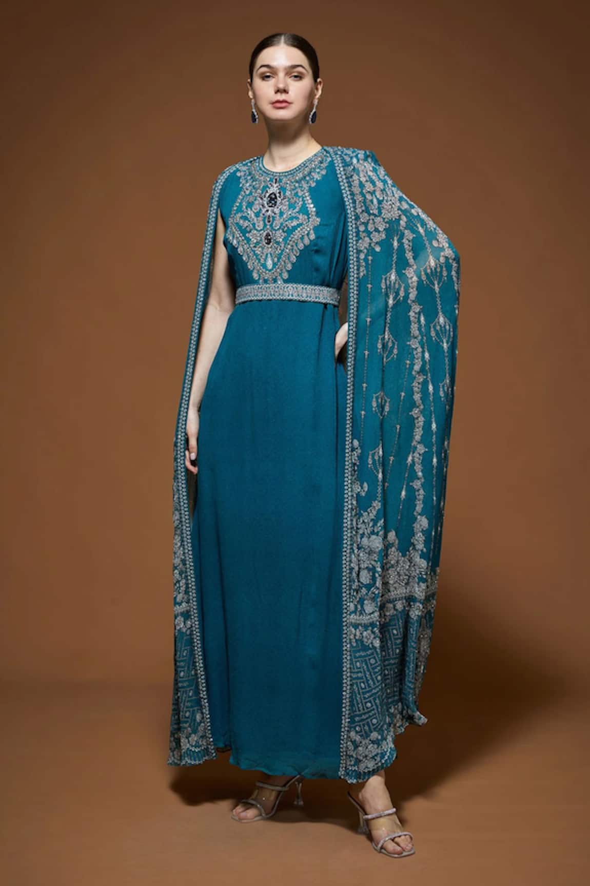 Nirraamyaa Teal Blue Rhinestone Cape Kurta Set 