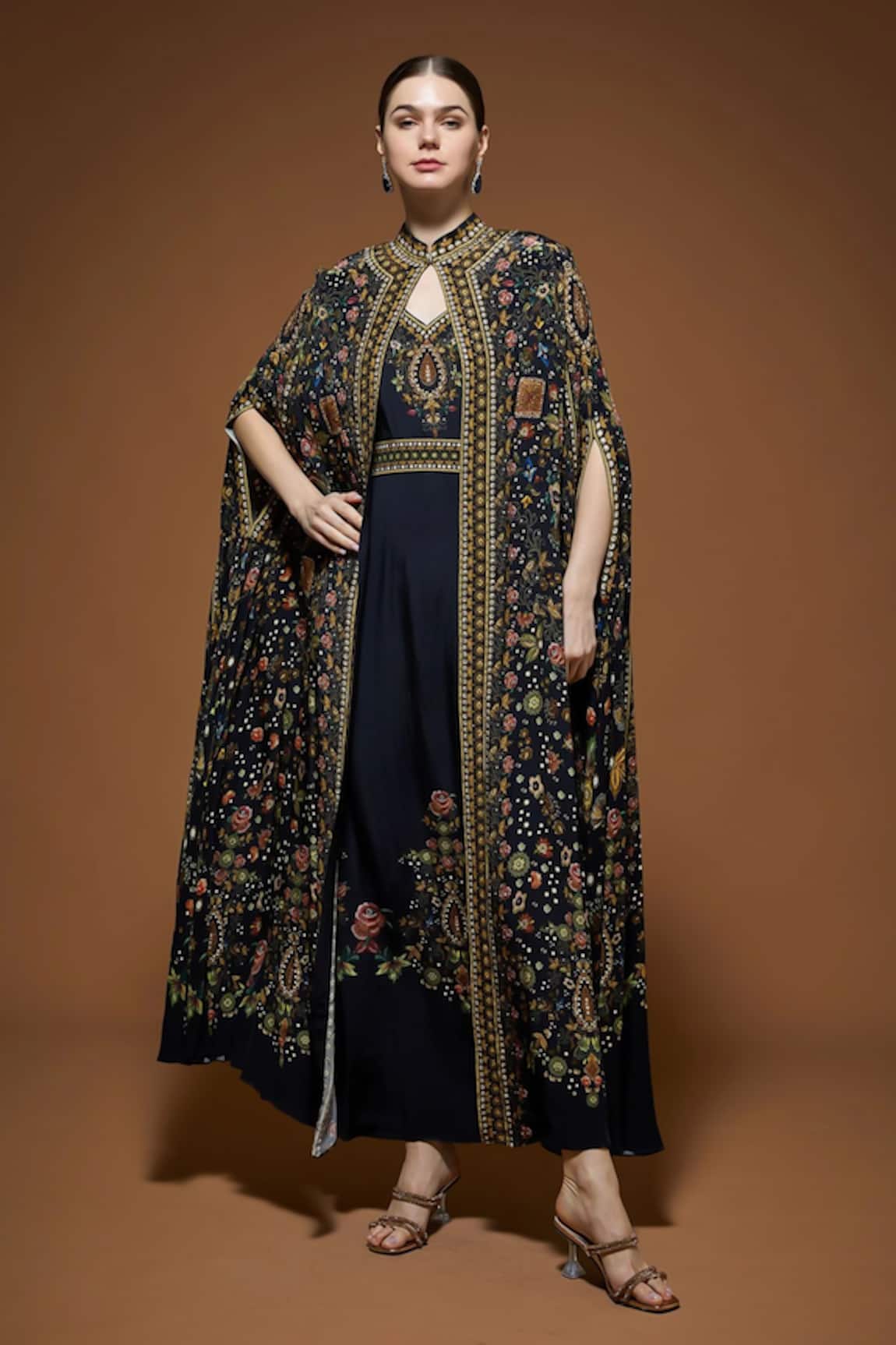 Nirraamyaa Black Rhinestone Detailed Cape & Kurta Set 