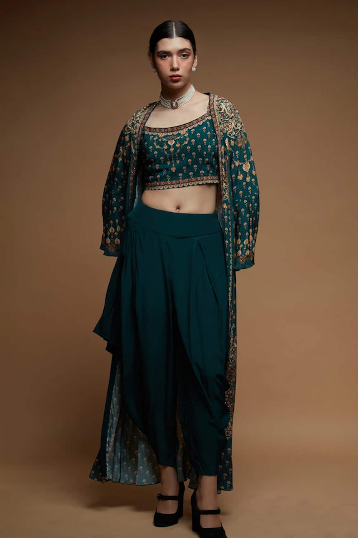 Nirraamyaa Teal Rhinestone Embellished Jacket Set 