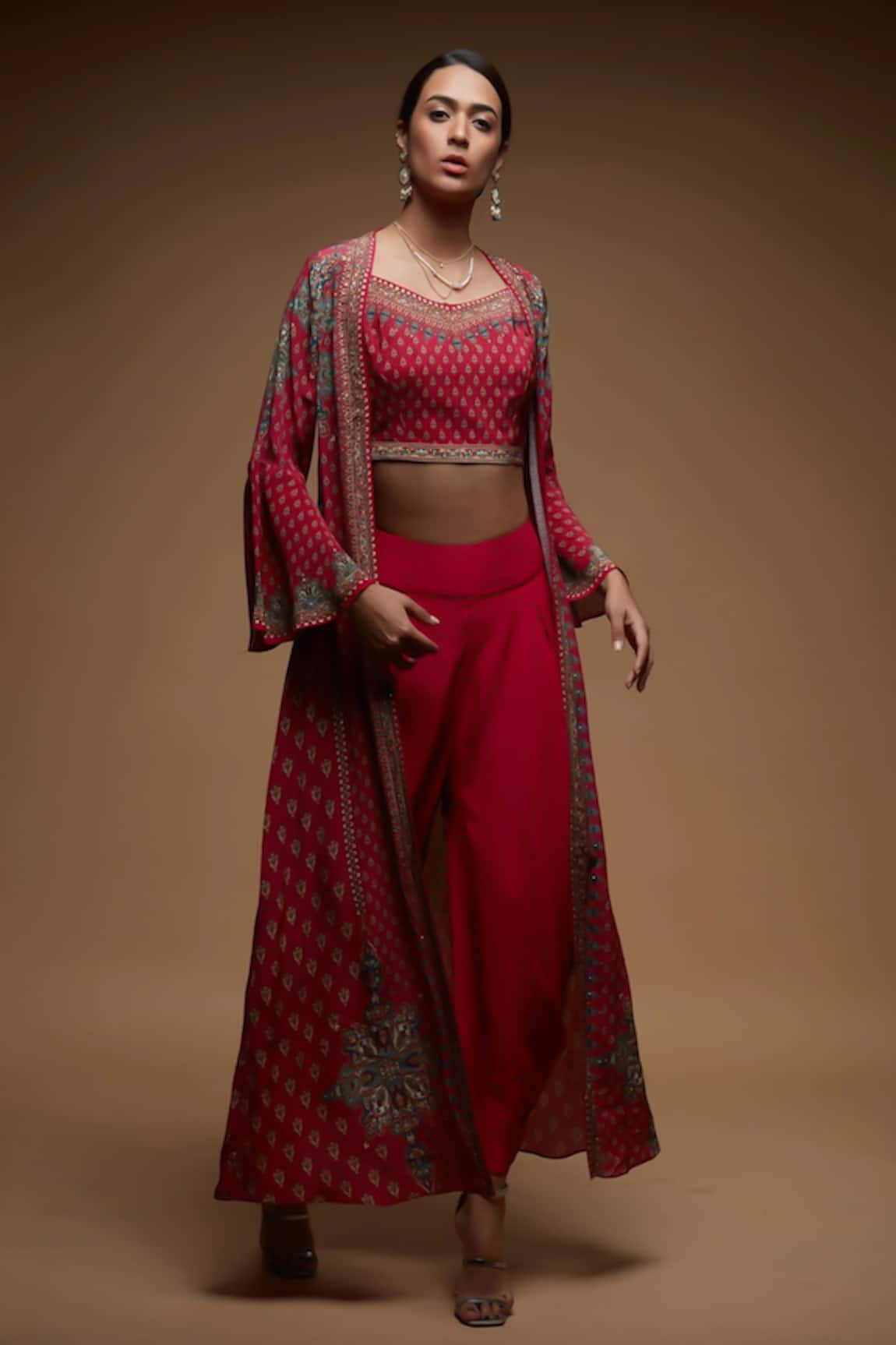 Nirraamyaa Fuschia Rhinestone Work Jacket Set 