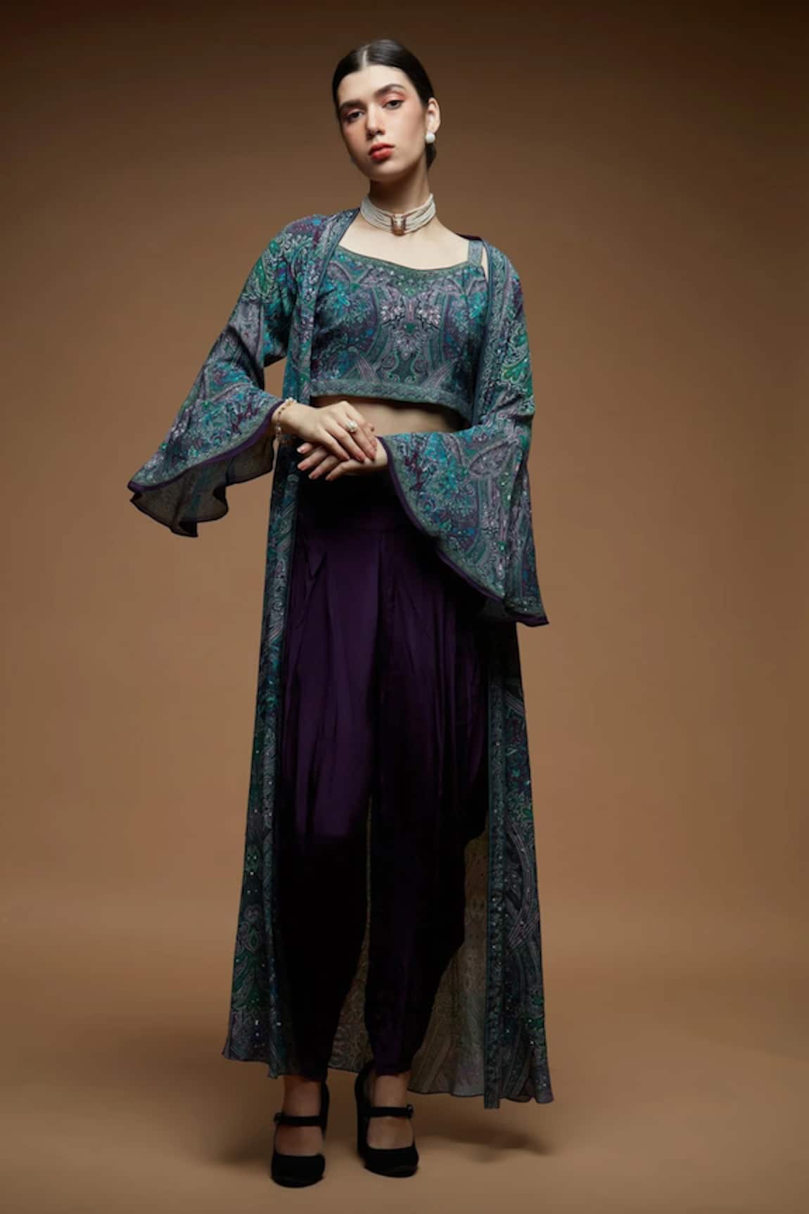 Nirraamyaa Teal Rhinestone Work Blouse Pant Jacket Set 