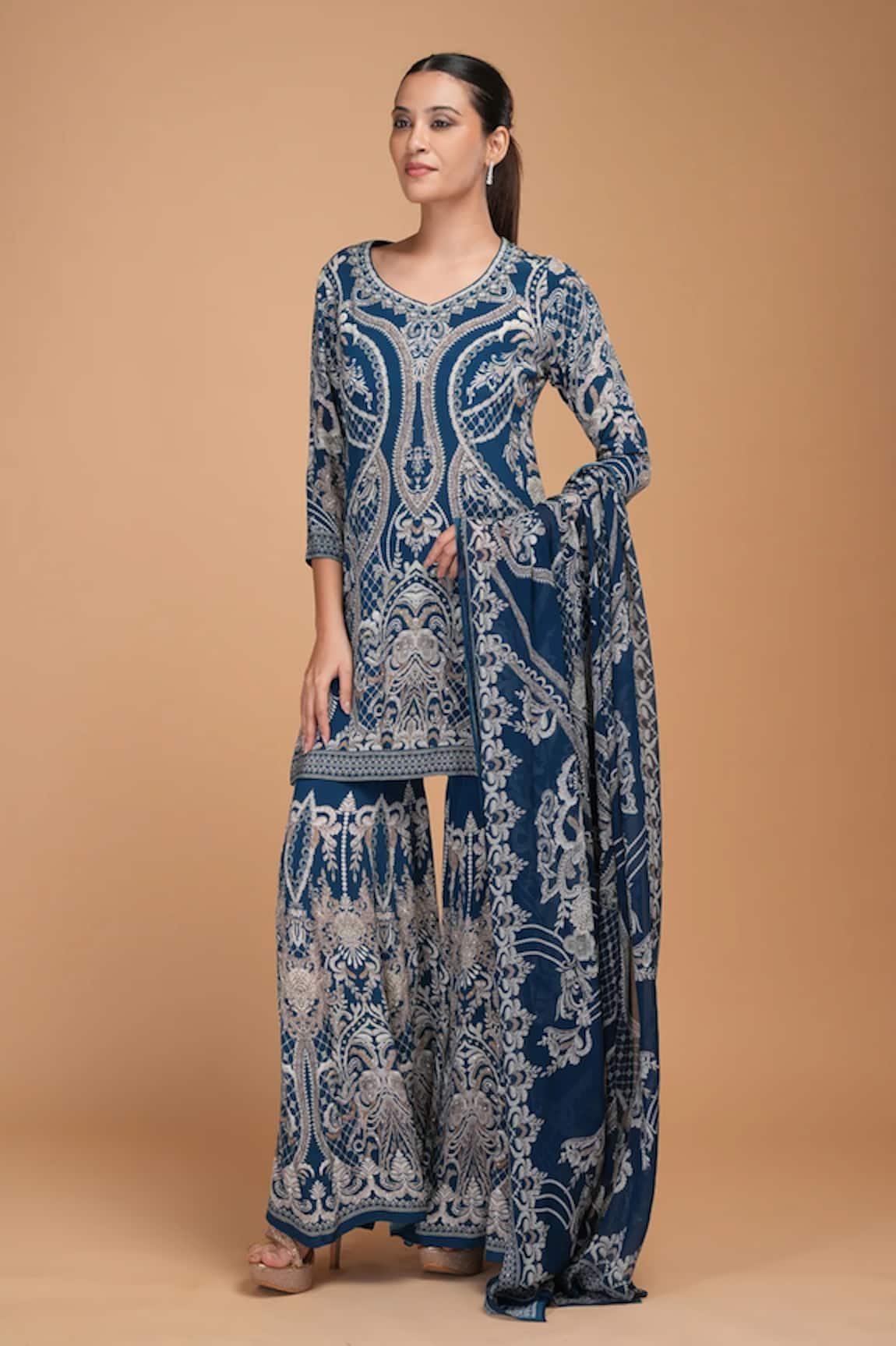 Nirraamyaa Designer Blue Kurta Sharara Set 