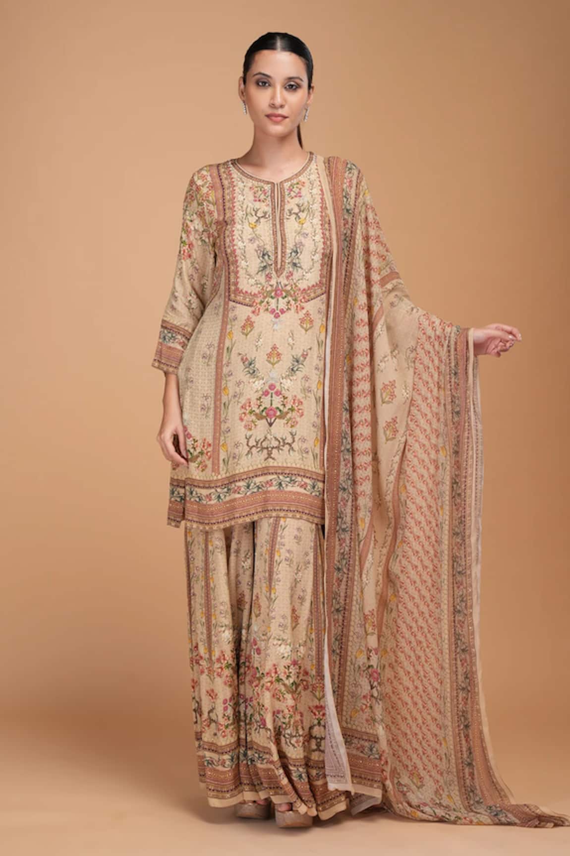 Nirraamyaa Beige Floral Rhinestone Kurta Set 