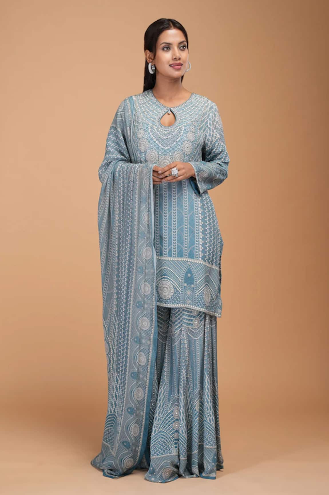 Nirraamyaa Aqua Rhinestone Embellished Kurta Set 
