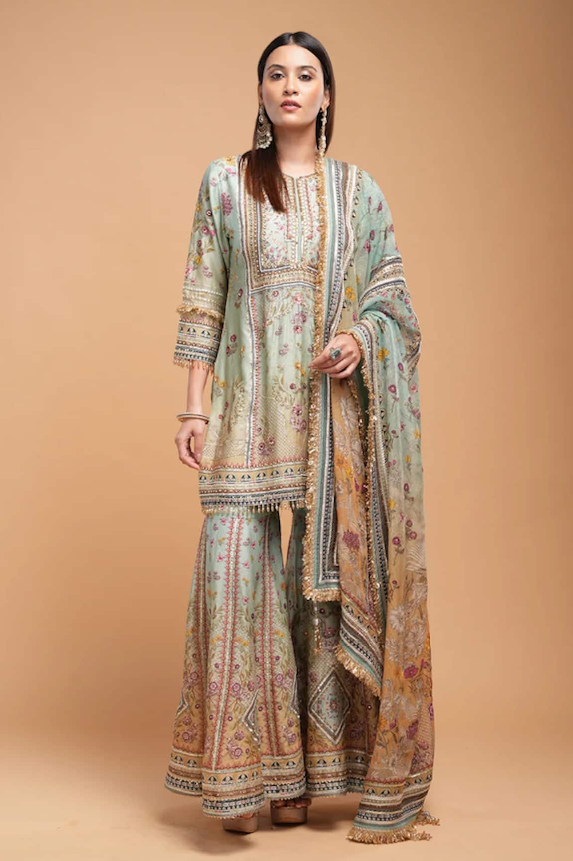 Nirraamyaa Aqua Hand Embroidered Kurta Sharara Set 
