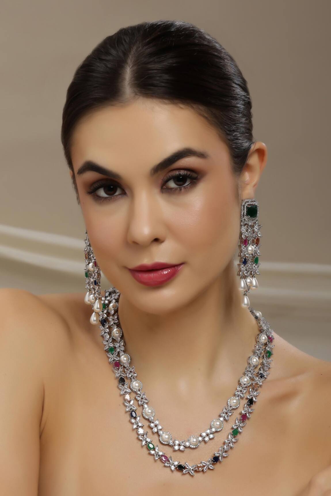 Ruby Raang Multi Stone Double Layered Necklace & Earrings 