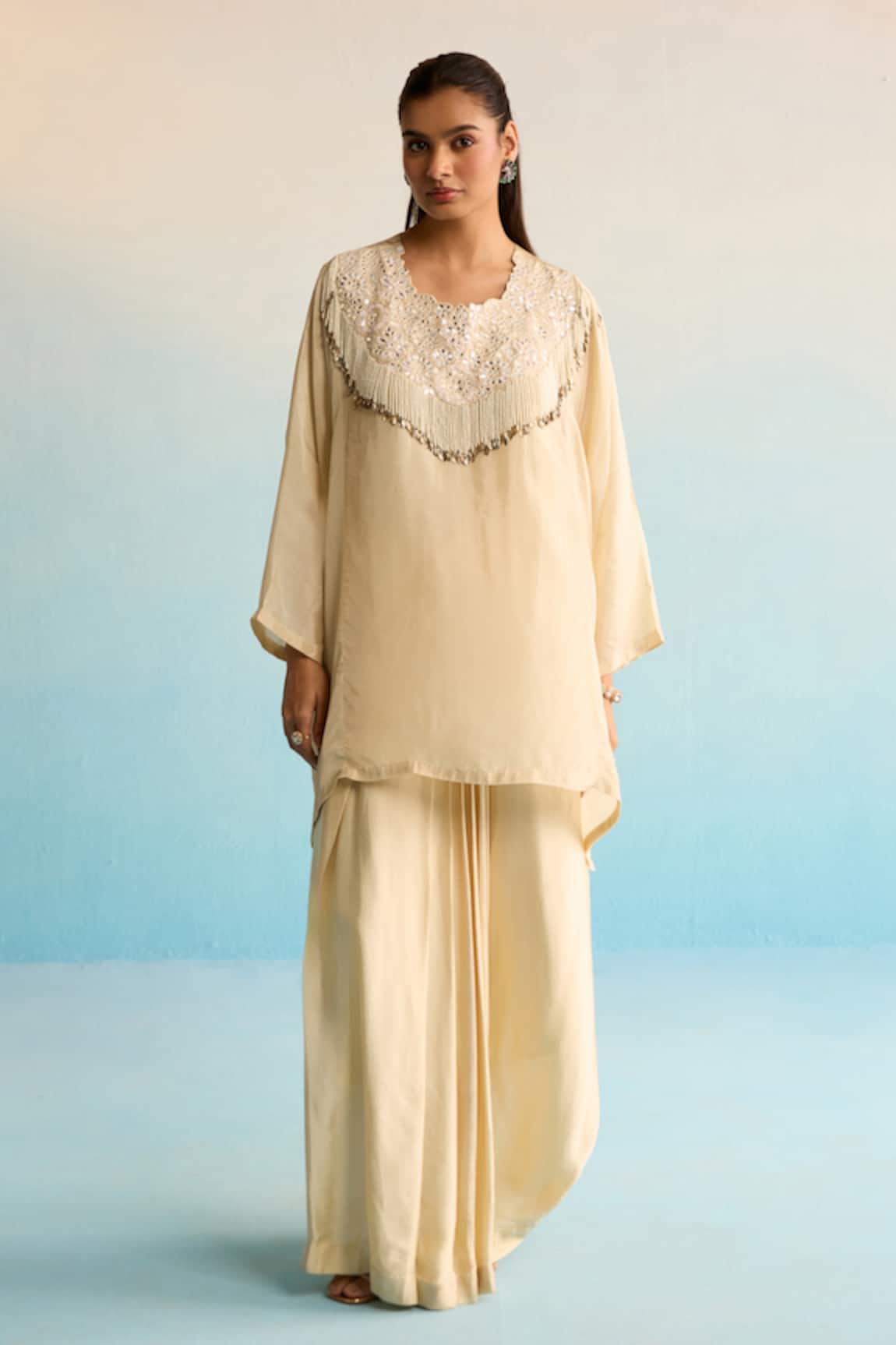 House Of Armuse Beige Mirror Work Kurta Skirt Set 