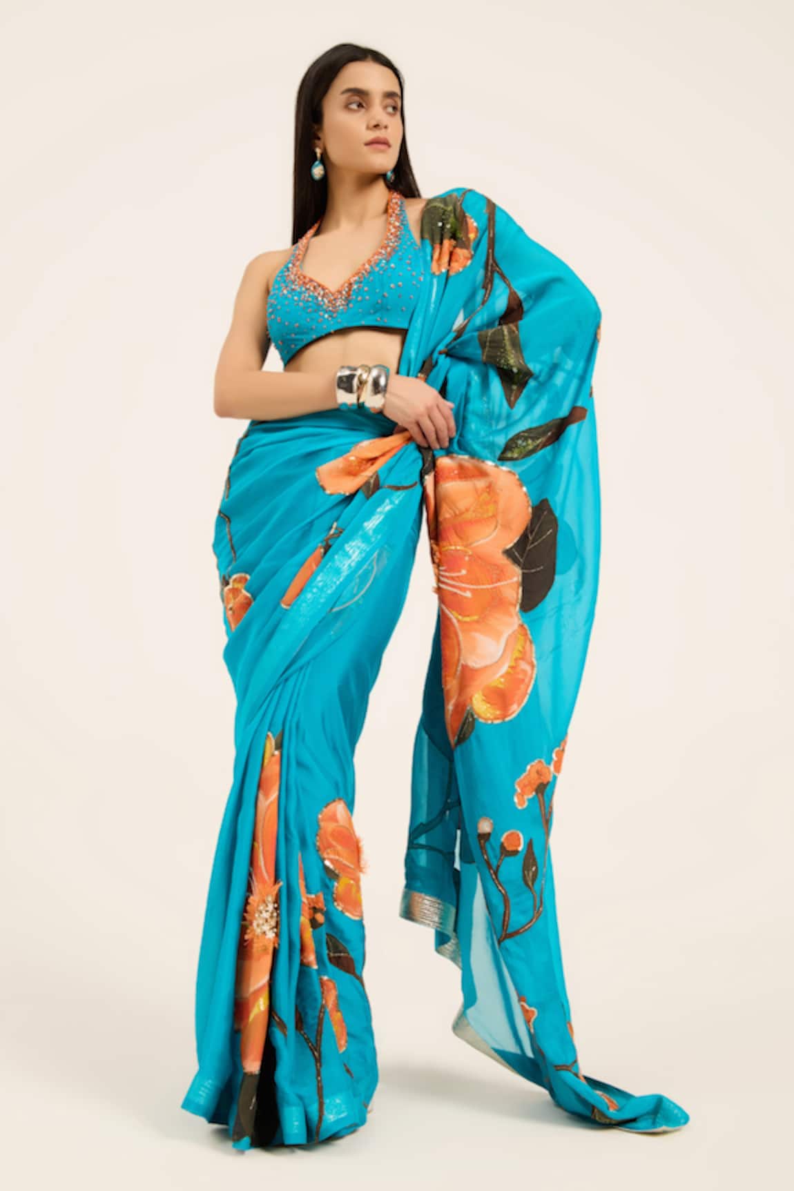 Ruhr India Phirozi Blue Hand Embroidered Aneri Saree Set 