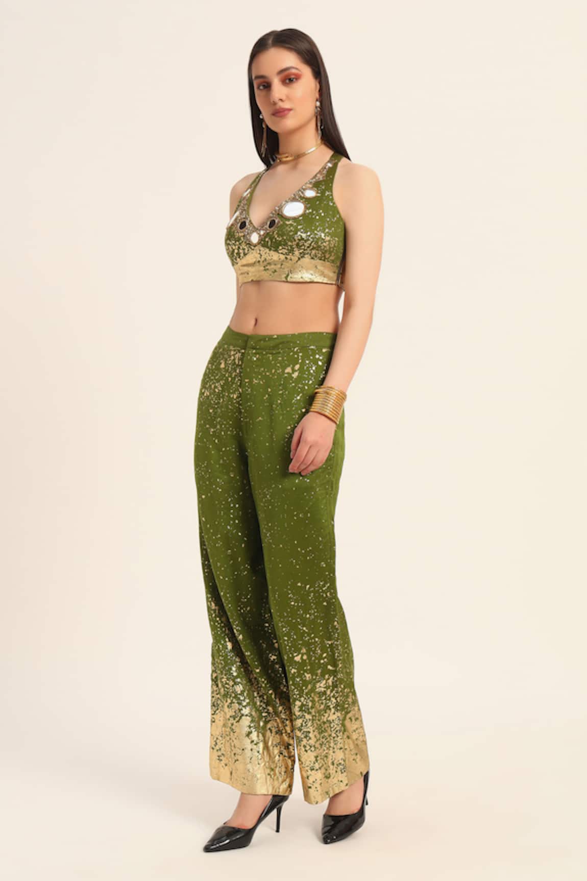Ruhr India Green Chanderi Silk Bralette & Pant Set