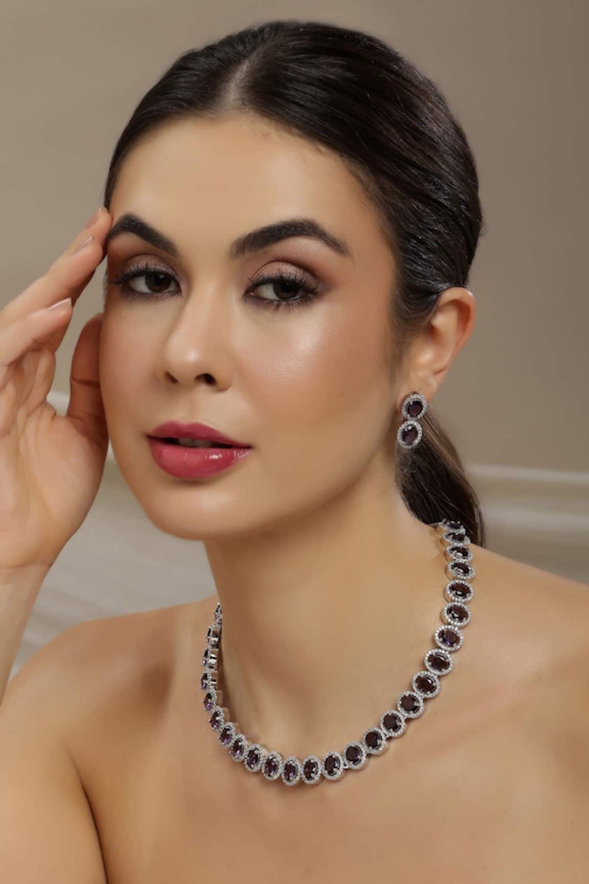 Ruby Raang Purple Designer Necklace & Earrings Set 
