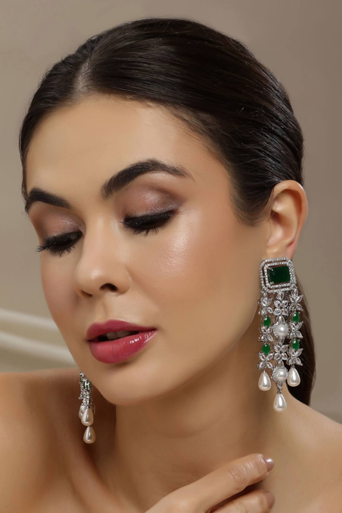 Ruby Raang Long Crystal & Emerald Earrings 