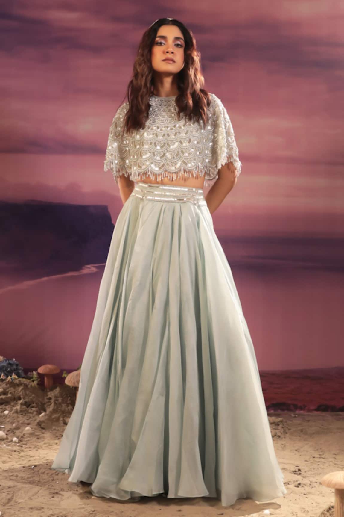 Couture By Niharika Pearl Embroidered Tasseled Cape Lehenga Set 