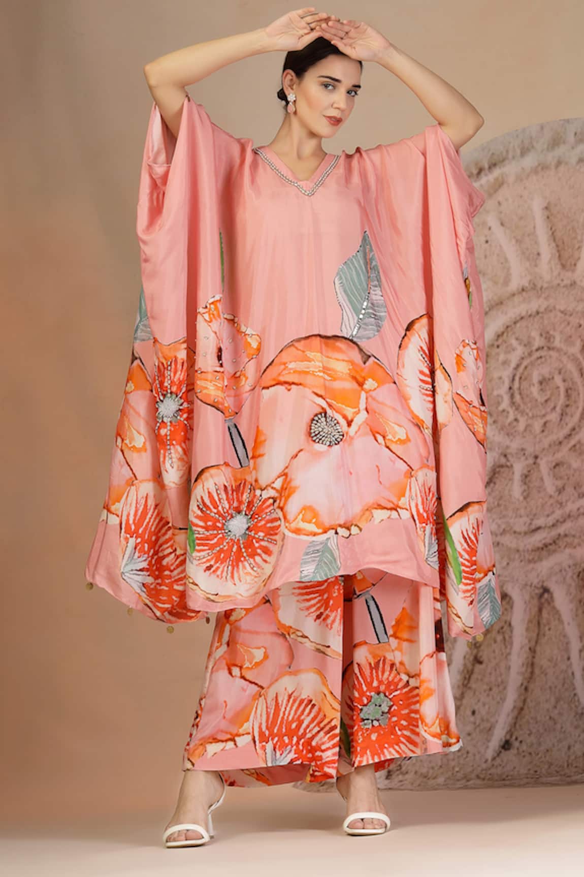 Soniya G Pastel Pink Floral Kaftan & Pant Set 
